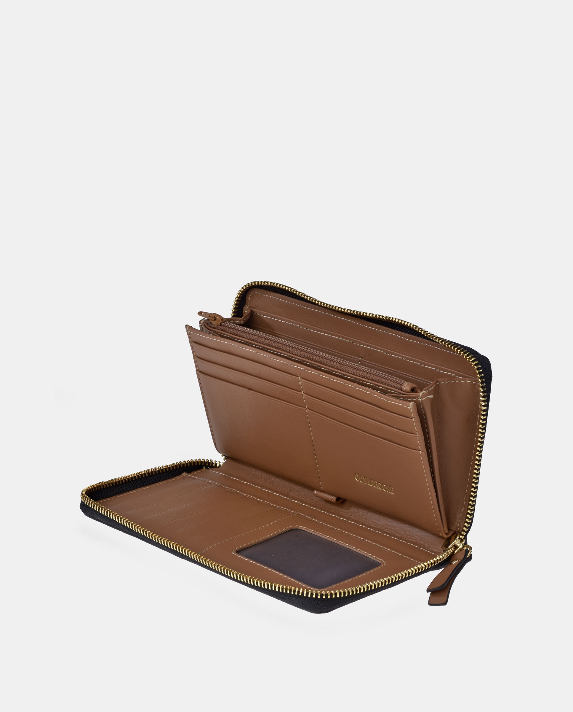 Porta-Moedas Grande em Pele Floater com Secção para Notas e Fecho de Correr Camel-3
