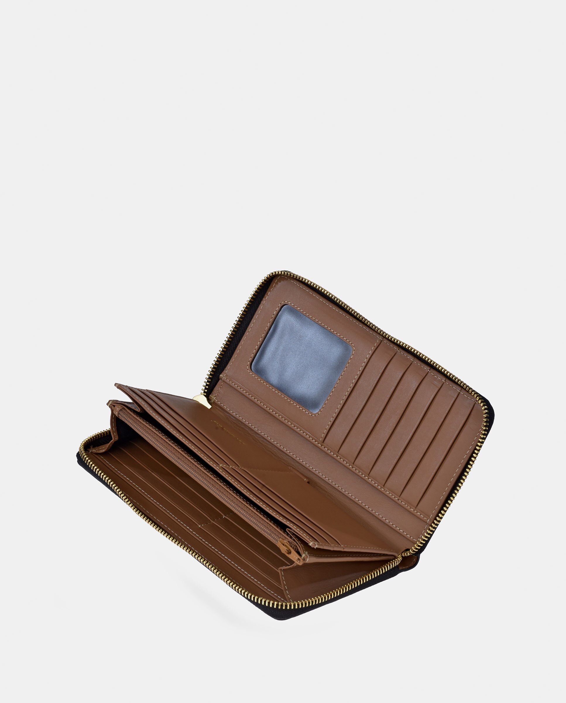 Porta-Moedas Grande em Pele Floater com Secção para Notas e Fecho de Correr Camel-4