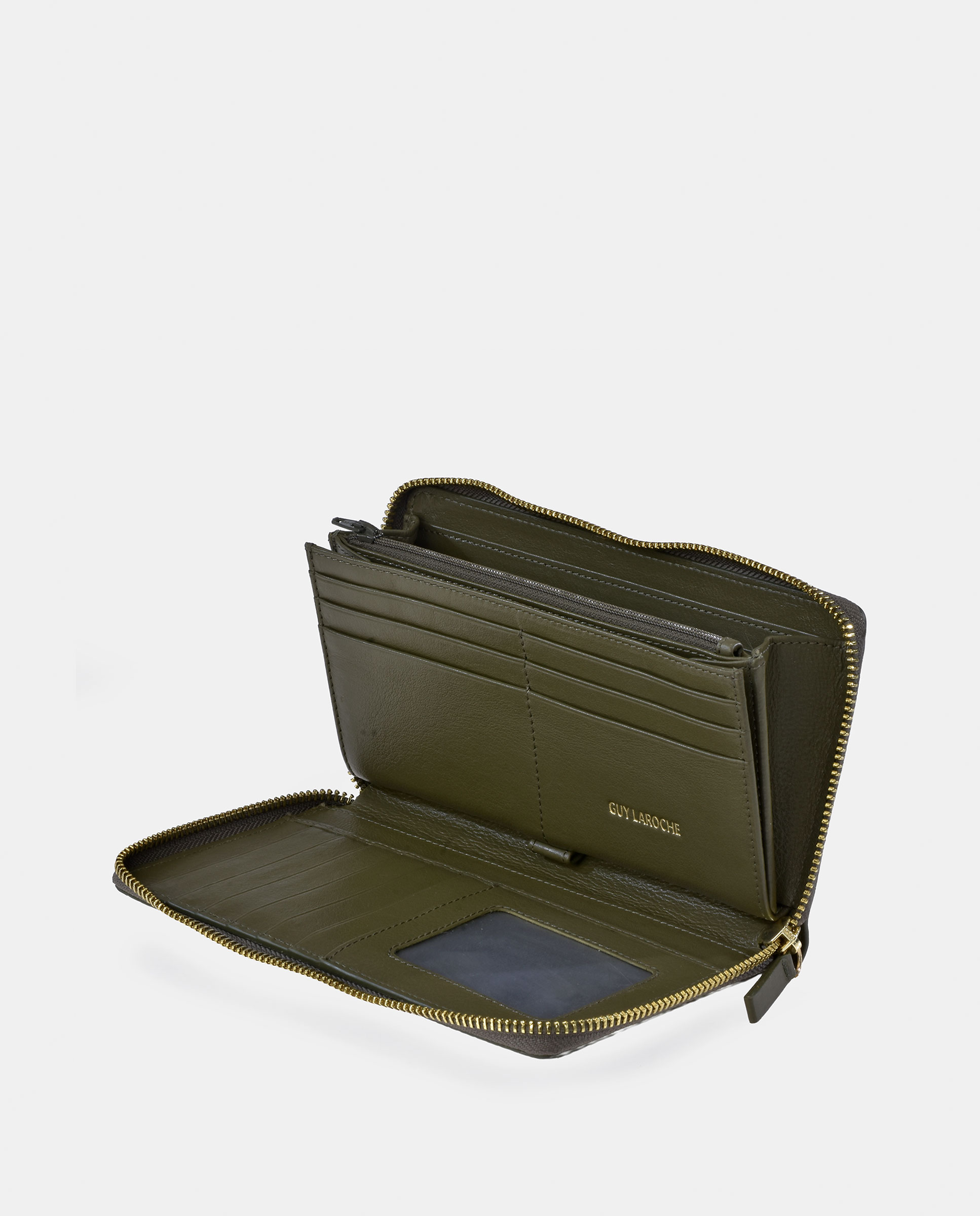 Porta-Moedas Grande em Pele Gravada com Secção para Notas e Fecho de Correr Verde-escuro-3