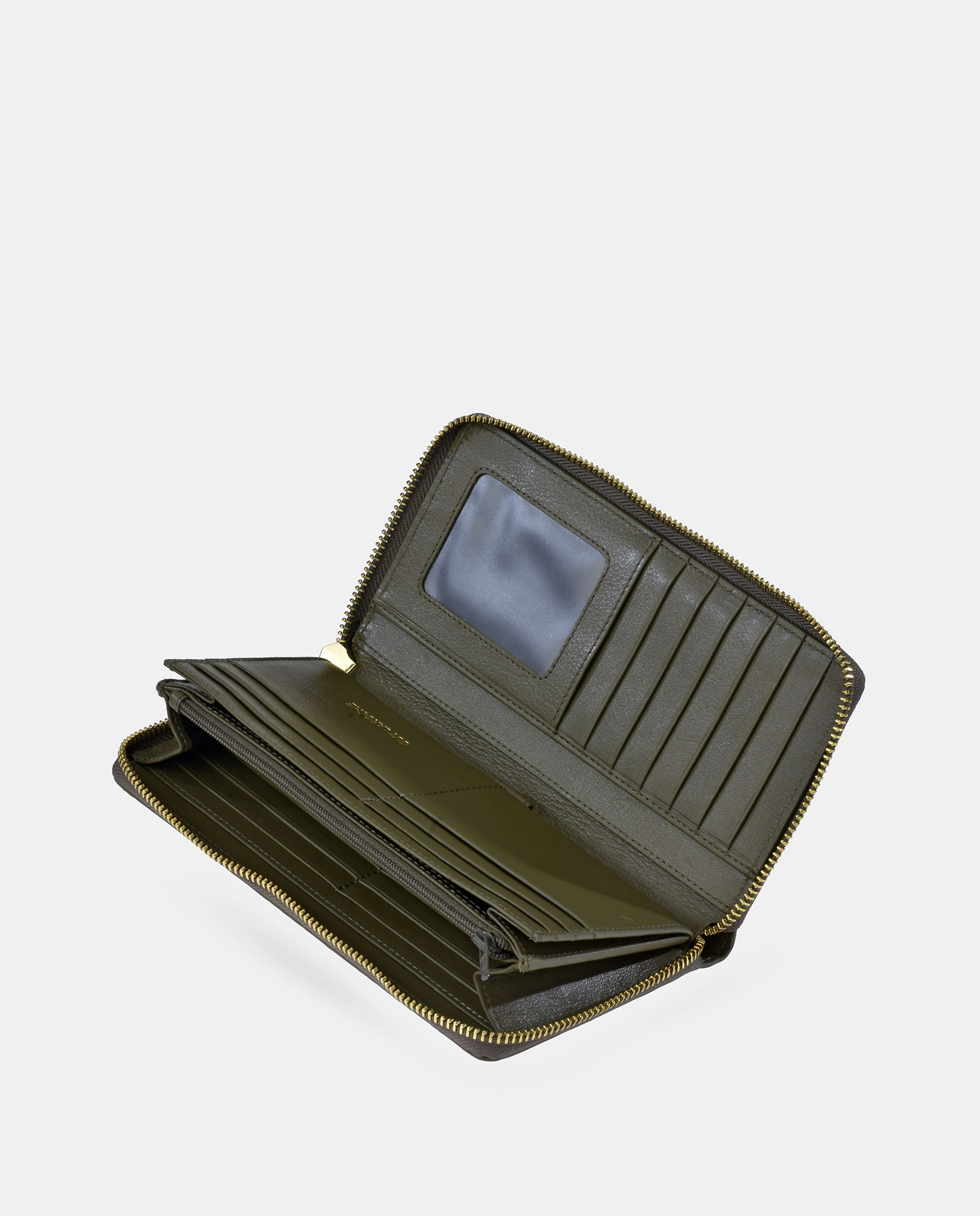Porta-Moedas Grande em Pele Gravada com Secção para Notas e Fecho de Correr Verde-escuro-4