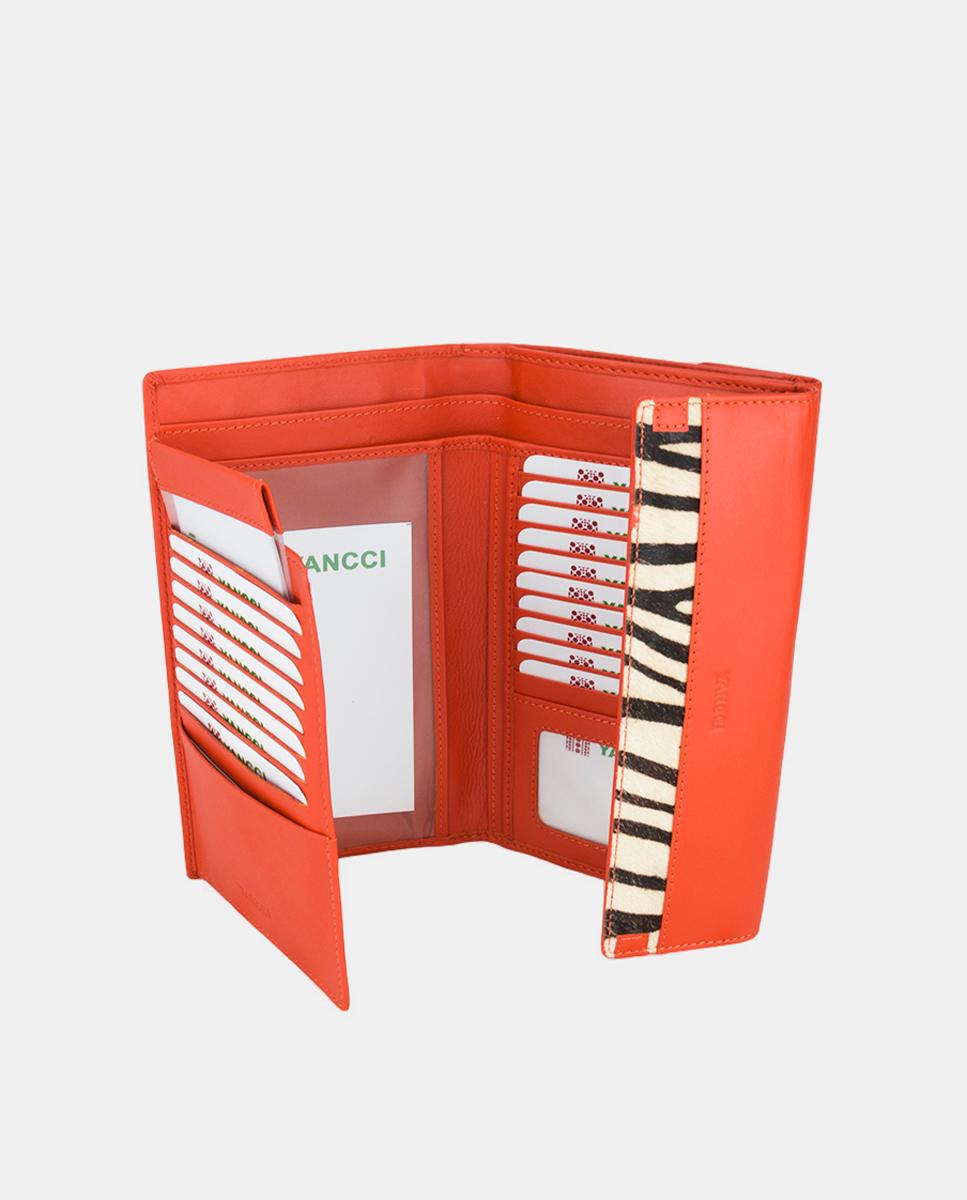 Porta-Moedas Grande com Secção para Notas, em Pele com Adorno de Zebra no Final da Aba - Vermelho Laranja-2