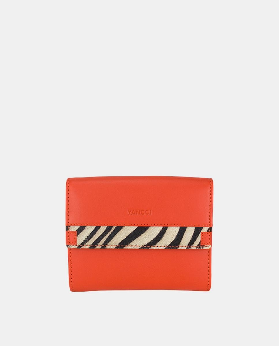 Porta-Moedas Pequeno em Pele com Secção para Notas e Adorno de Zebra no Final da Aba - Vermelho Laranja-1