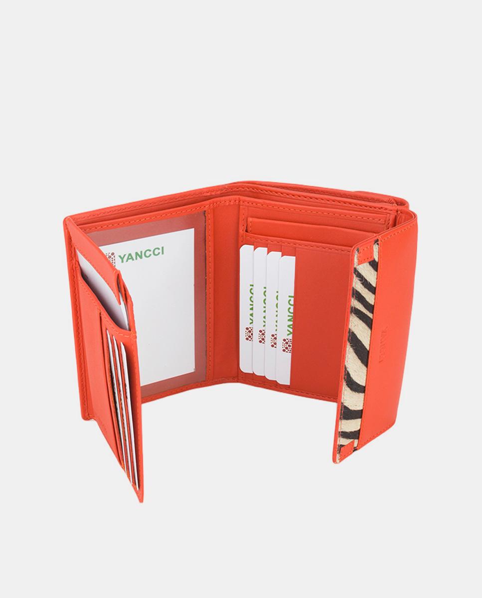 Porta-Moedas Pequeno em Pele com Secção para Notas e Adorno de Zebra no Final da Aba - Vermelho Laranja-2