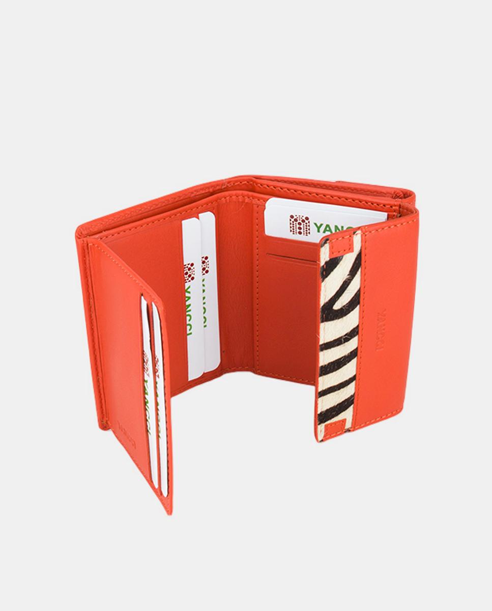 Porta-Moedas Pequeno em Pele com Secção para Notas e Adorno de Zebra no Final da Aba - Vermelho Laranja-2