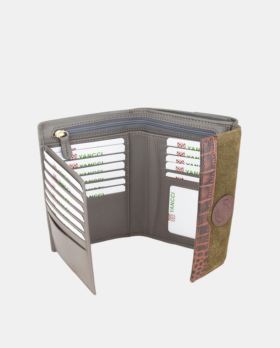 Porta-Moedas Médio com Secção para Notas, em Pele Combinada com Croute e com Tira de Efeito Croco no Final da Aba - Vermelho/Castanho Verde-escuro-2