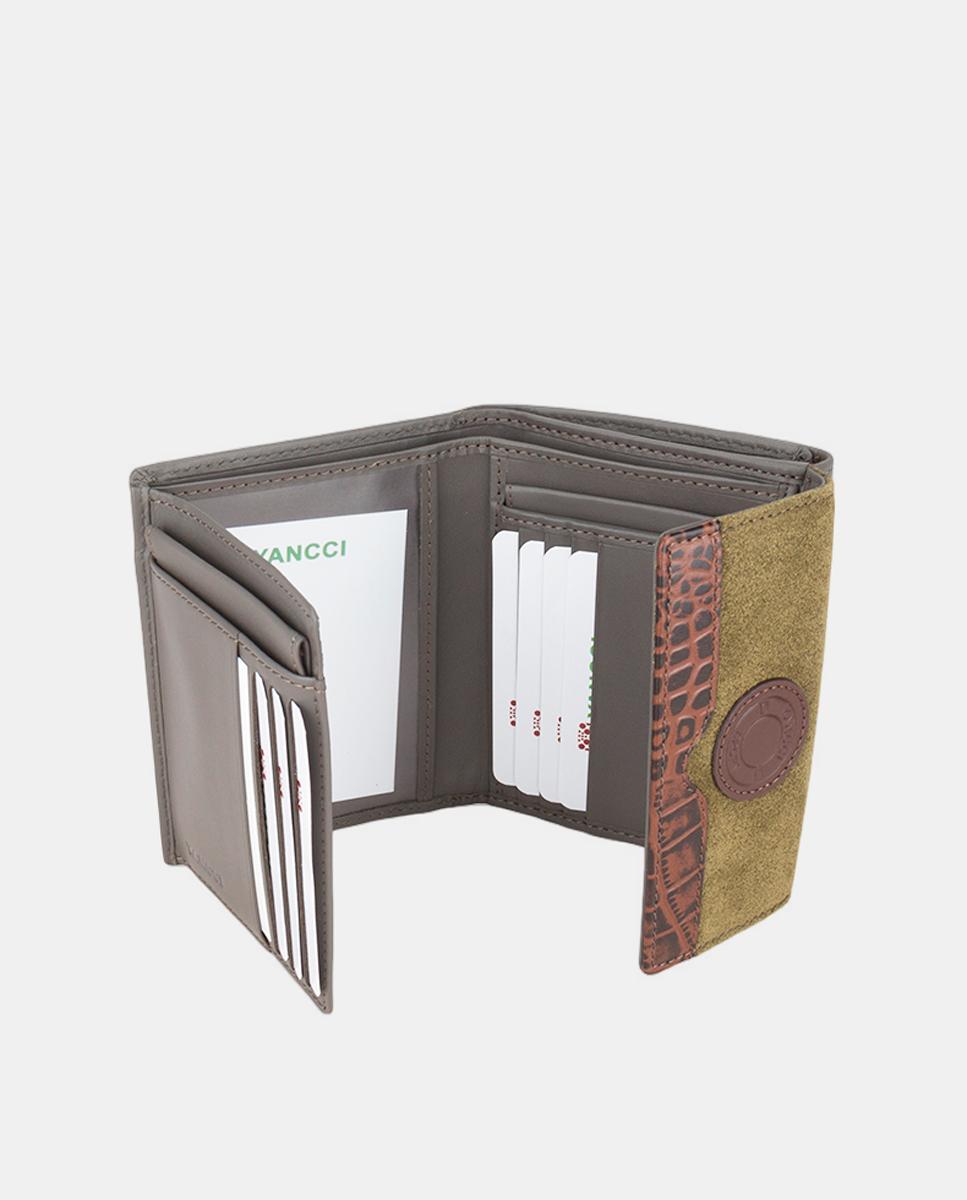 Porta-Moedas Pequeno com Secção para Notas, em Pele Combinada com Croute e com Tira de Efeito Croco no Final da Aba - Vermelho/Castanho Verde-escuro-2