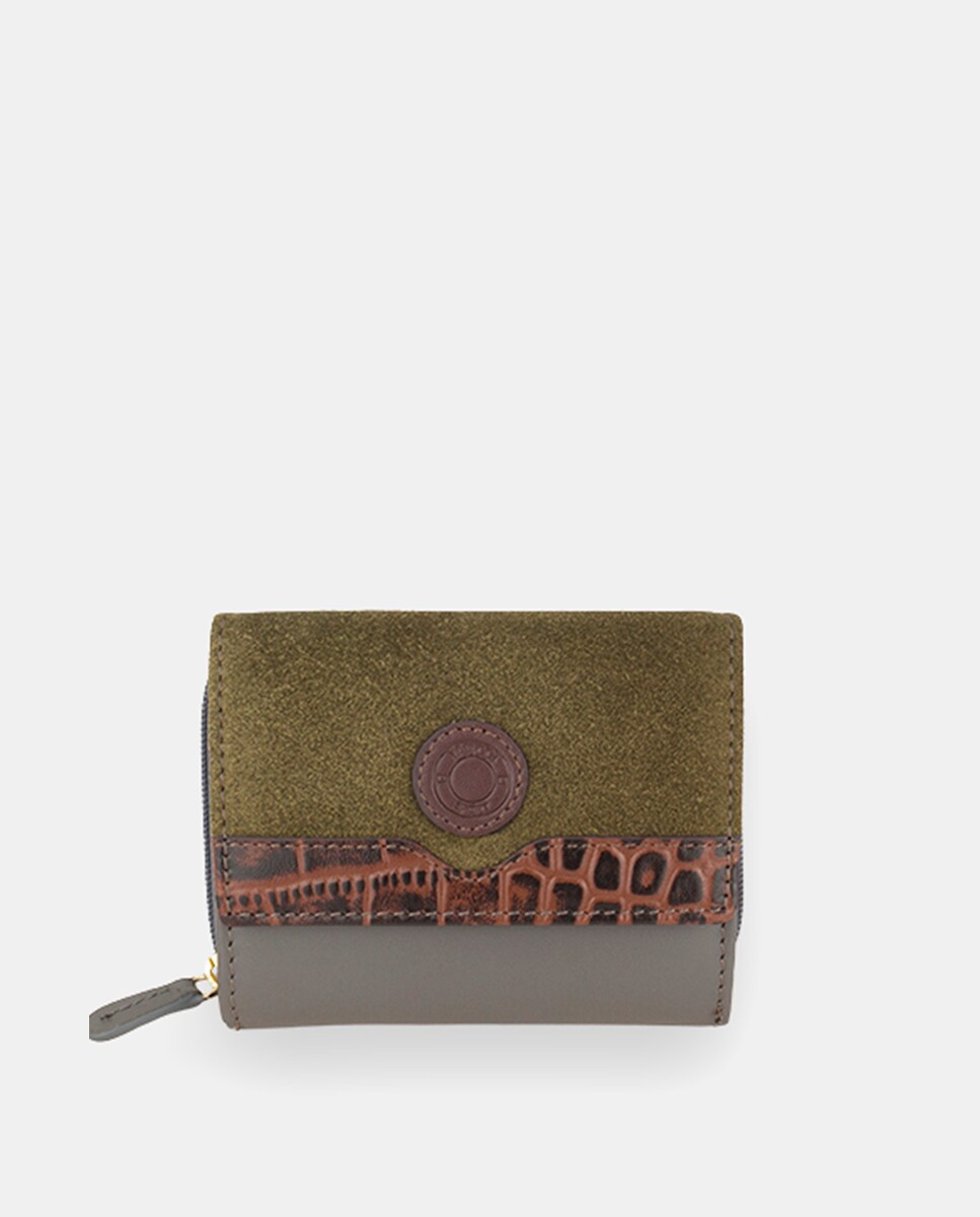 Porta-Moedas Pequeno com Secção para Notas, em Pele Combinada com Croute e com Tira de Efeito Croco no Final da Aba - Vermelho/Castanho Verde-escuro-1