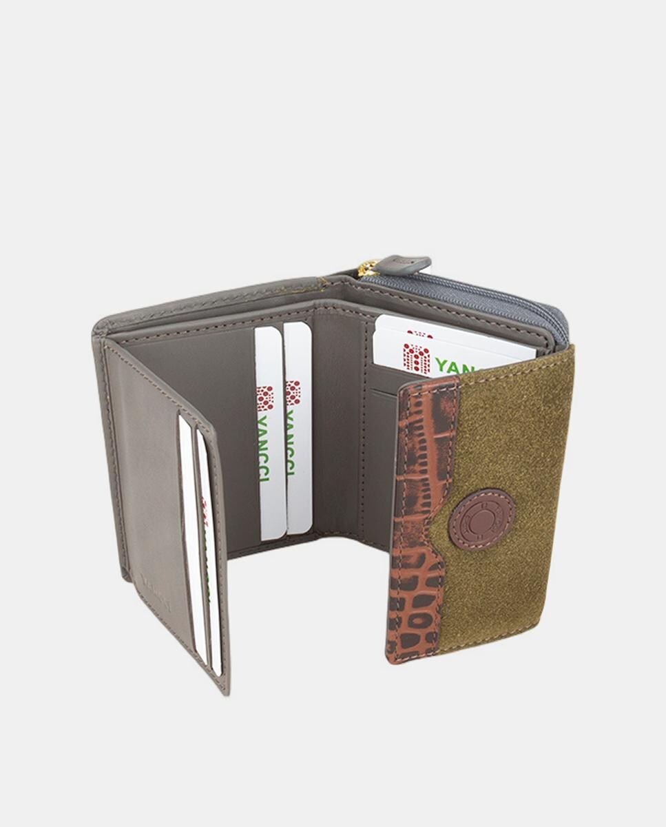 Porta-Moedas Pequeno com Secção para Notas, em Pele Combinada com Croute e com Tira de Efeito Croco no Final da Aba - Vermelho/Castanho Verde-escuro-2