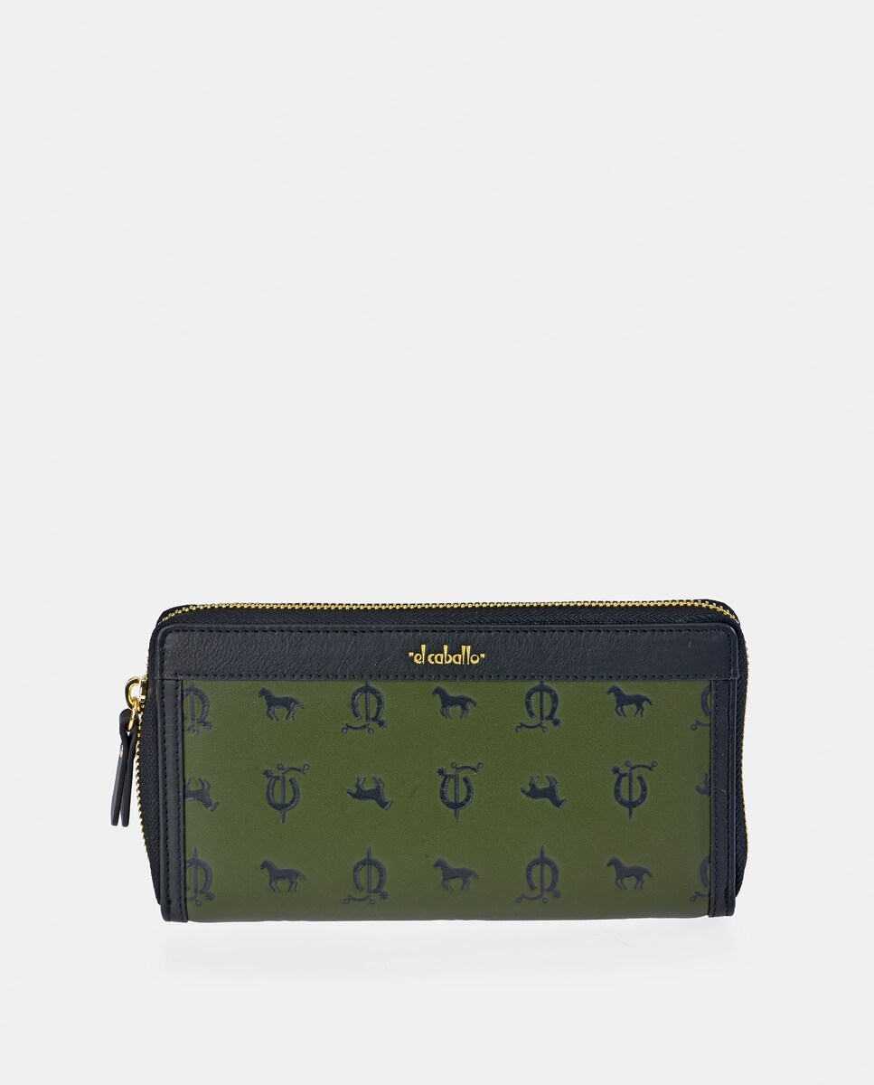 Porta-Moedas Grande em Vaqueta e Lona com Secção para Notas e Fecho de Correr - Cor de Tijolo Verde-escuro-1