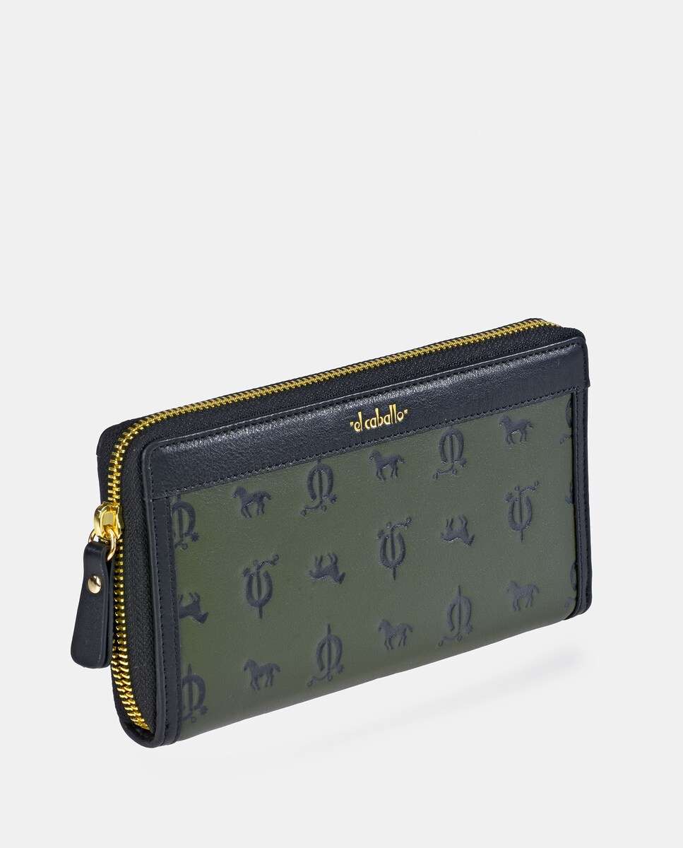 Porta-Moedas Grande em Vaqueta e Lona com Secção para Notas e Fecho de Correr - Cor de Tijolo Verde-escuro-2