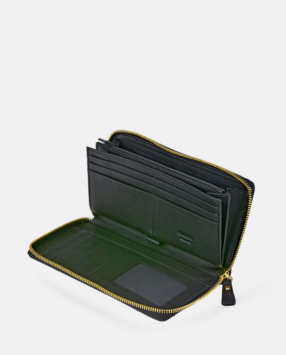 Porta-Moedas Grande em Vaqueta e Lona com Secção para Notas e Fecho de Correr - Cor de Tijolo Verde-escuro-3