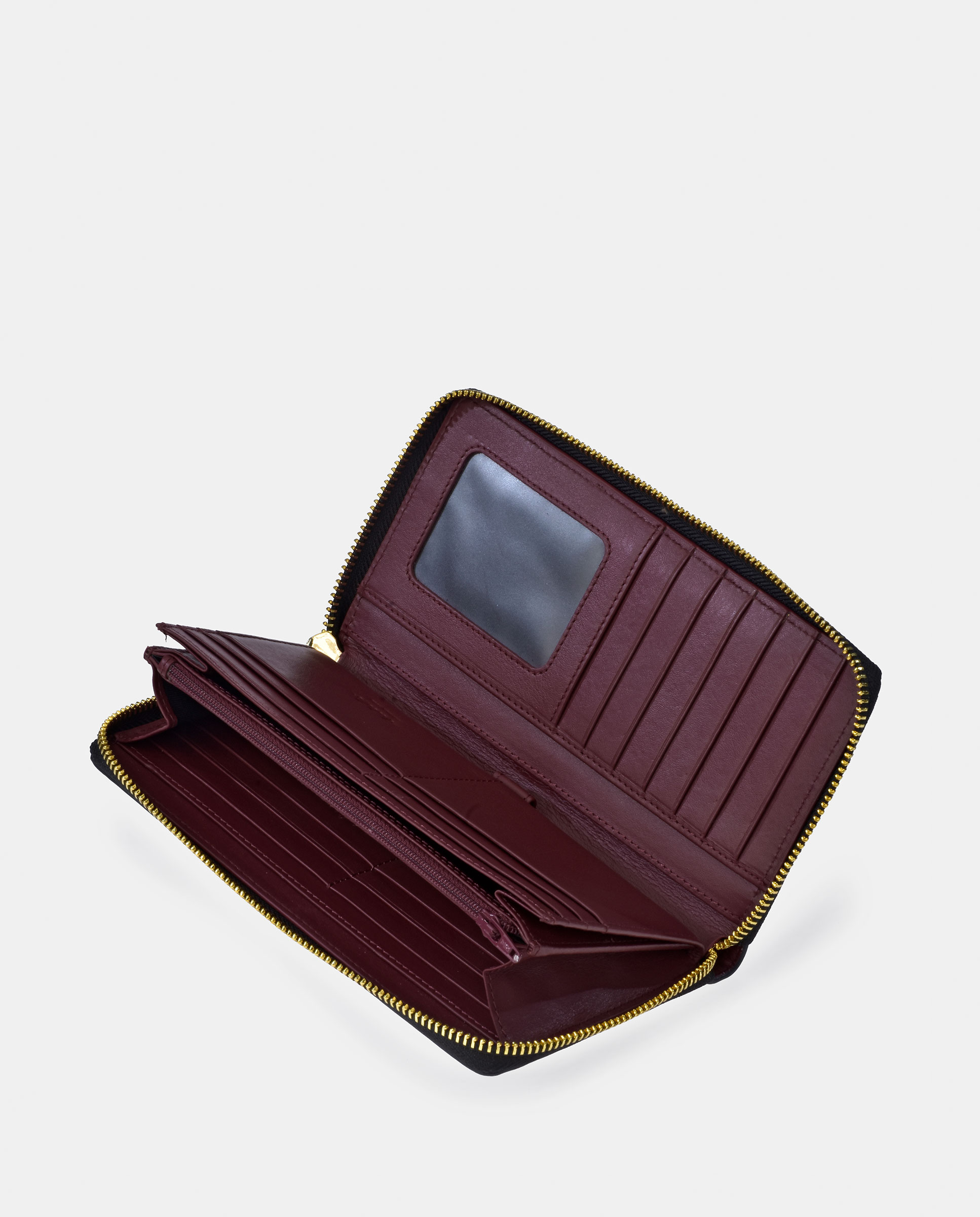 Porta-Moedas Grande em Pele Tipo Napa com Secção para Notas e Fecho de Correr Bordeaux-4