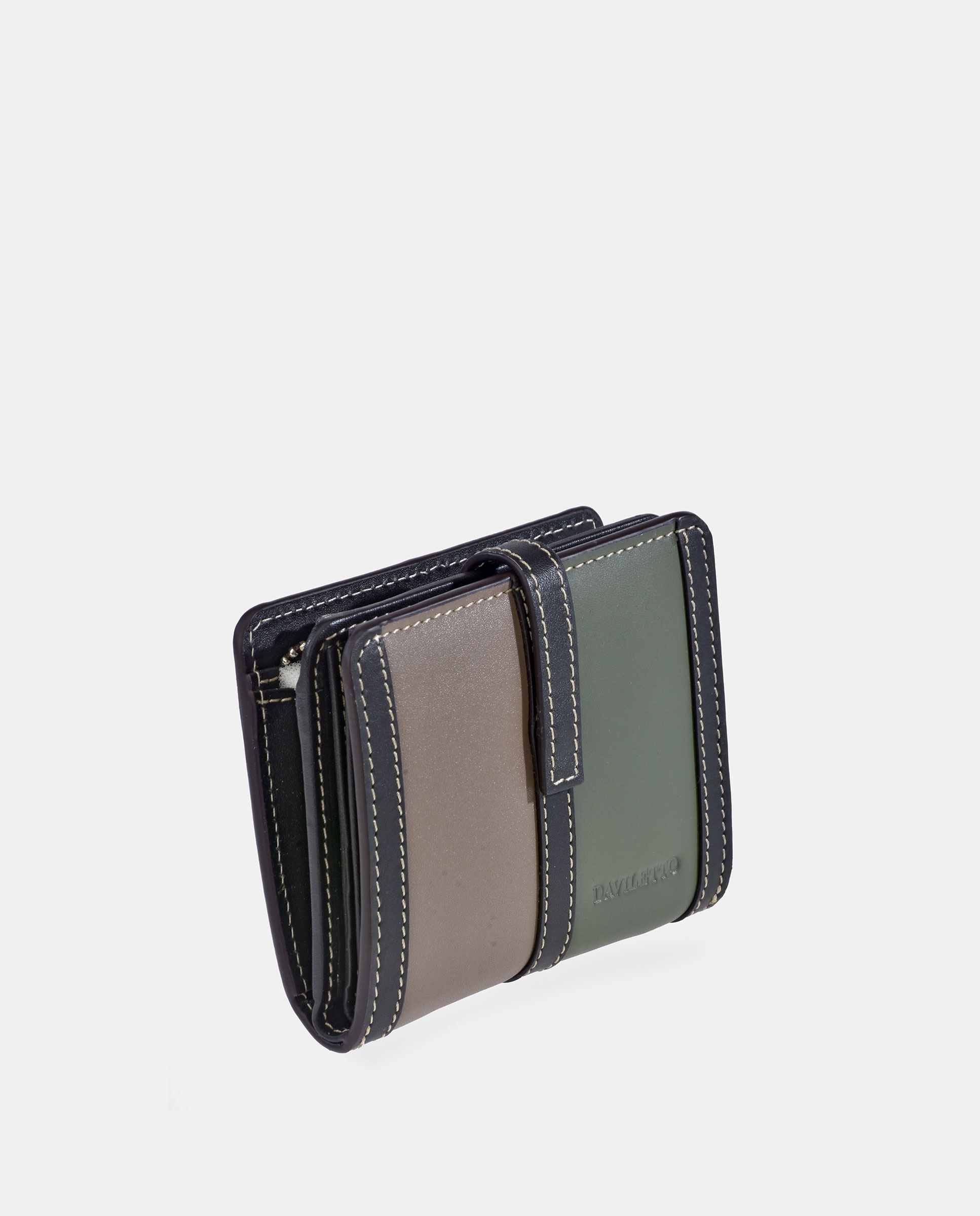 Porta-Moedas Pequeno em Pele Tricolor com Secção para Notas Verde-escuro-2
