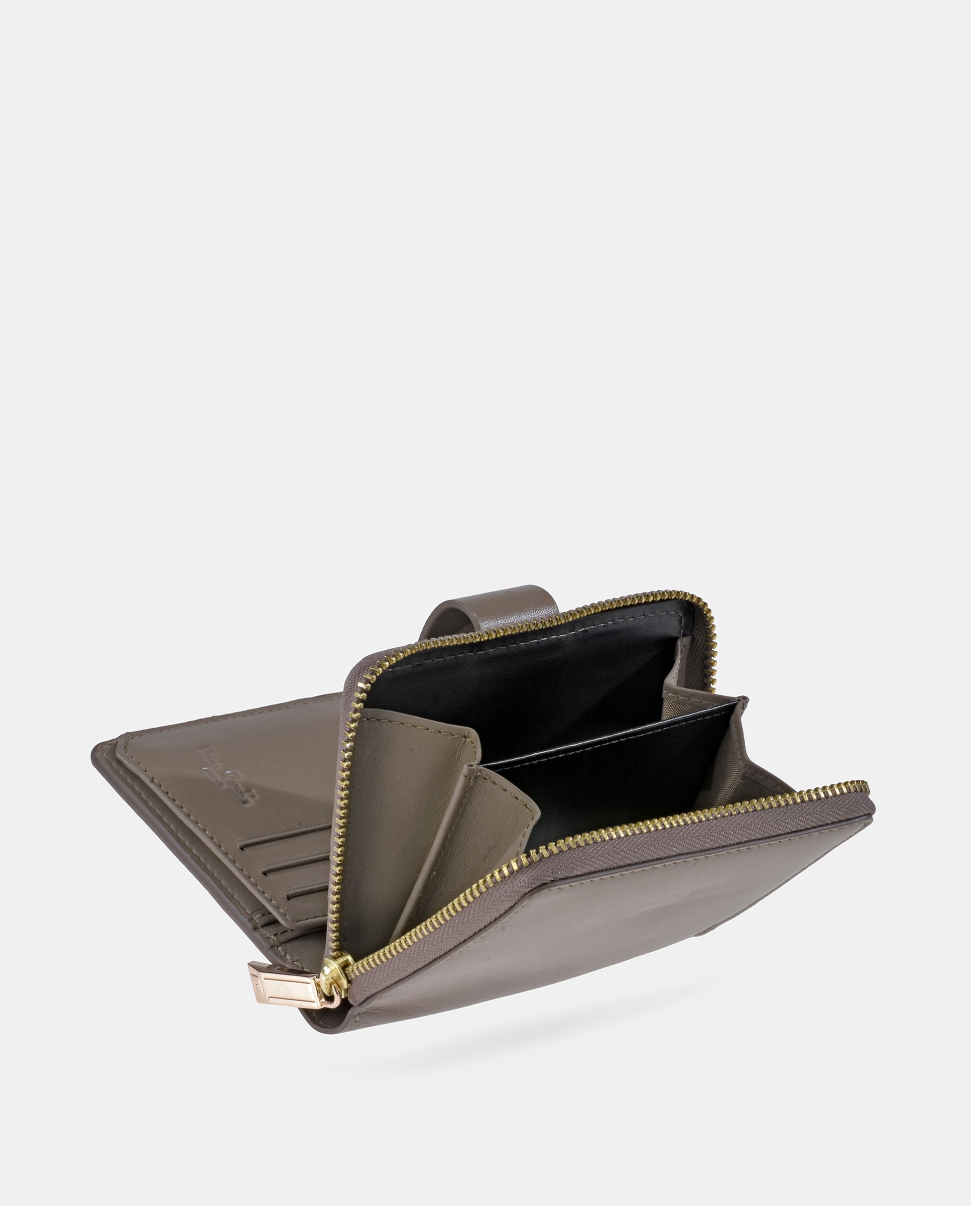 Porta-Moedas Pequeno em Pele com Secção para Notas Taupe-3