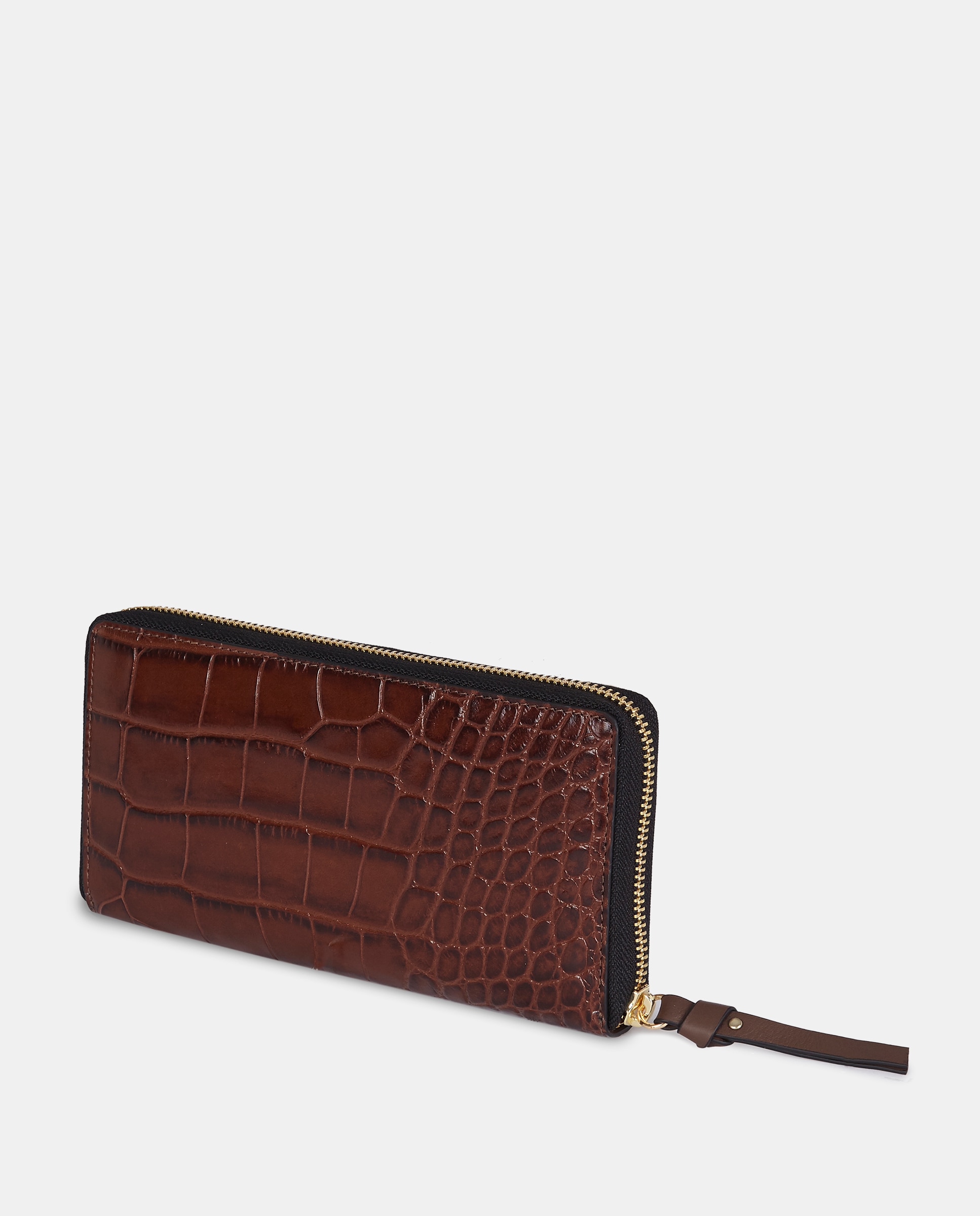 Porta-Moedas Grande em Pele Gravada com Fecho de Correr Castanho-escuro-2