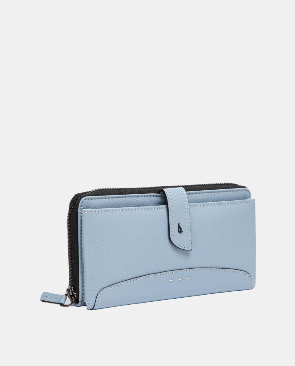 Carteira Extra Grande em Pele com Costuras Azul-2