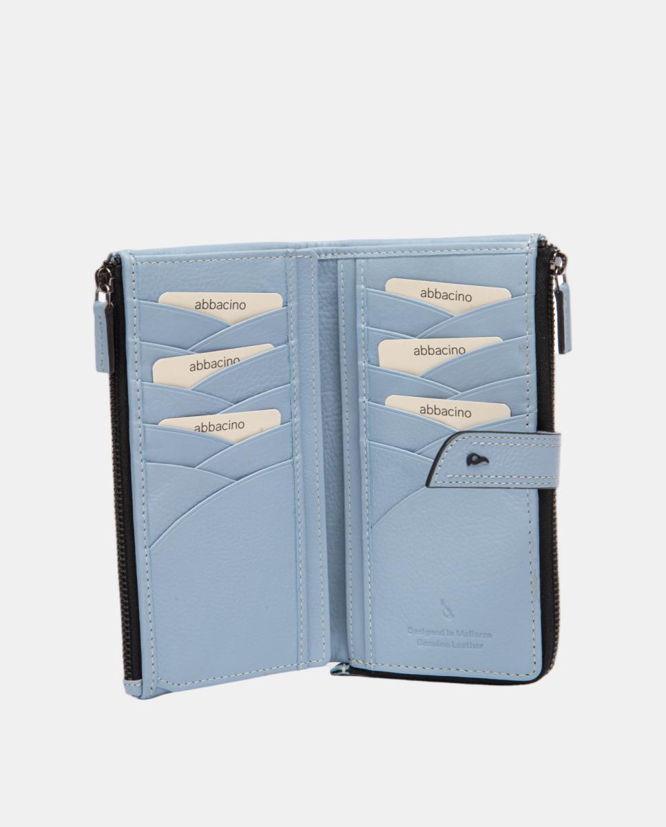 Carteira Grande em Pele com Costuras Azul-5