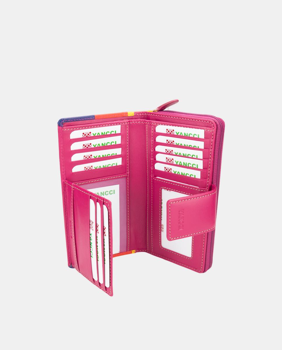 Porta-Moedas Grande em Pele Azul com Debrum Colorido Fúcsia-2