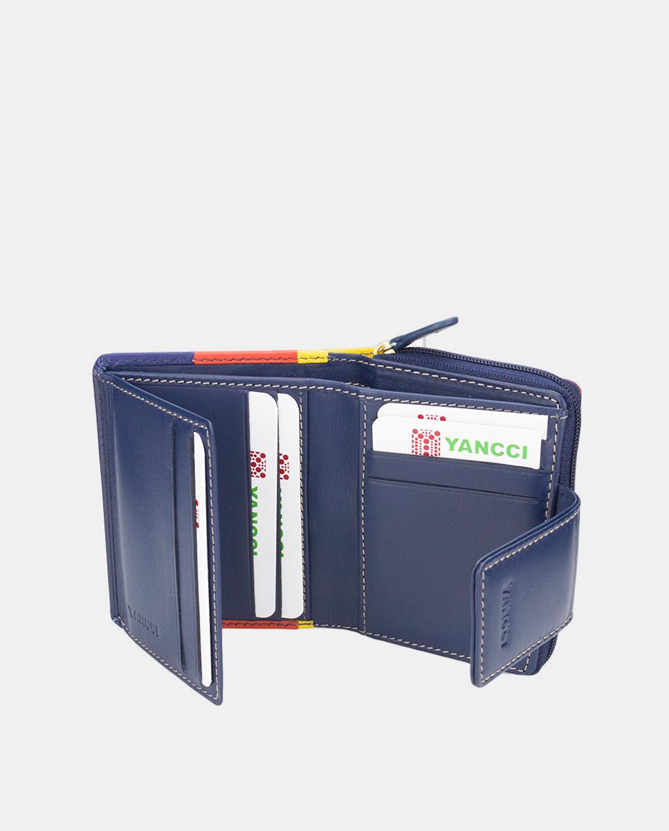 Porta-Moedas Pequeno em Pele Azul com Debrum Colorido Azul-marinho-2