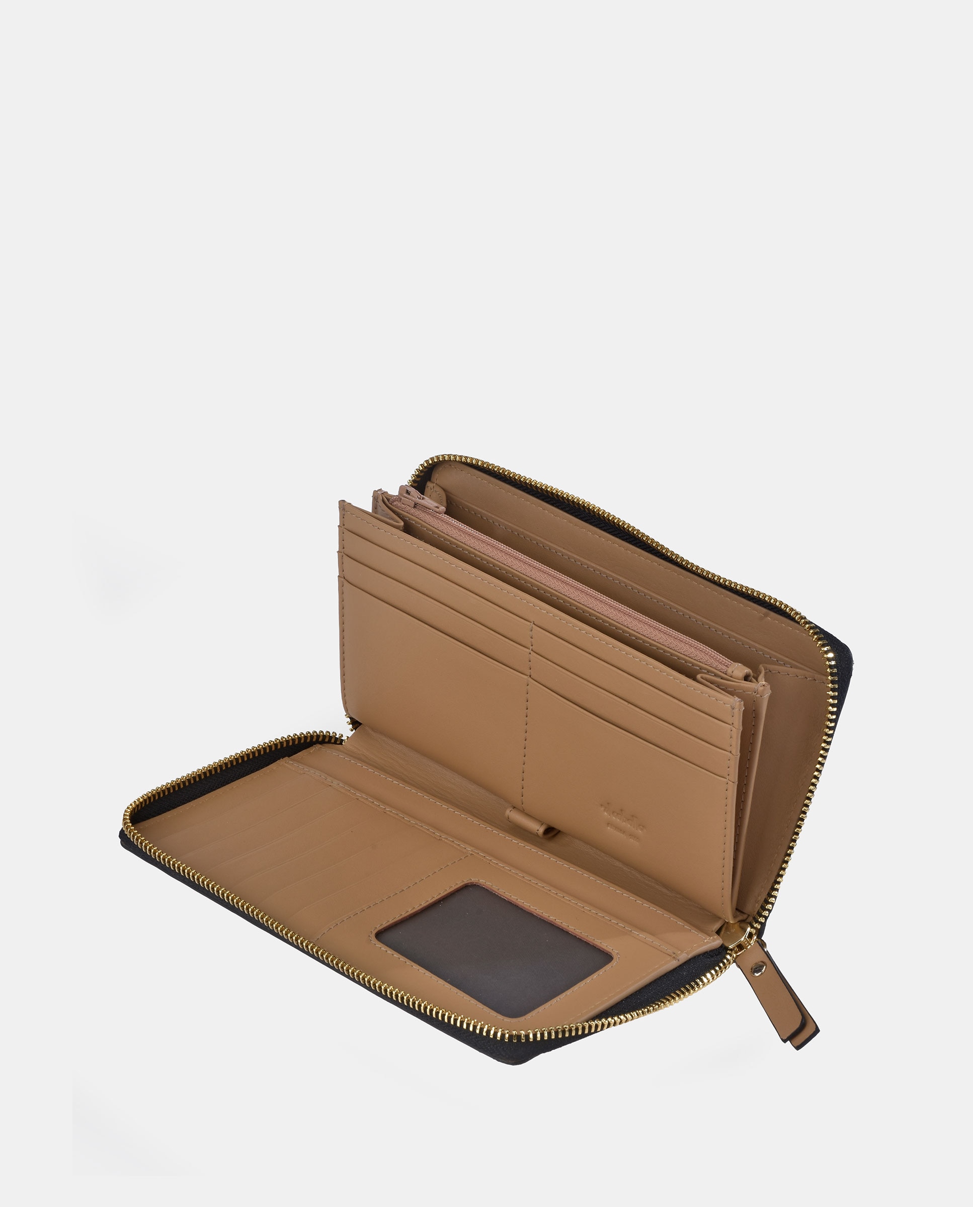Porta-Moedas com Secção para Notas Grande com Fecho de Correr Fabricado em Pele de Napa Castanho caramelo-3