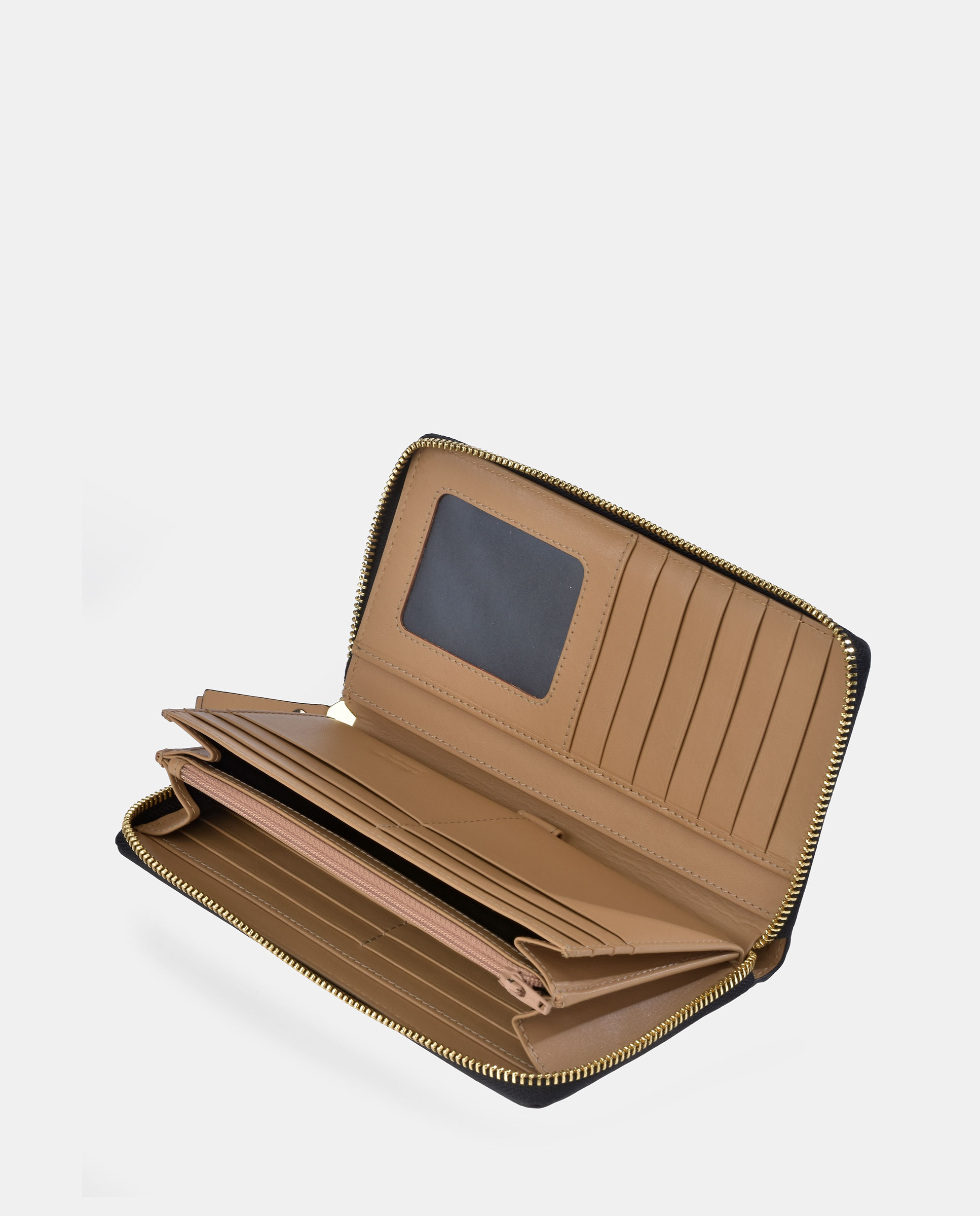 Porta-Moedas com Secção para Notas Grande com Fecho de Correr Fabricado em Pele de Napa Castanho caramelo-4