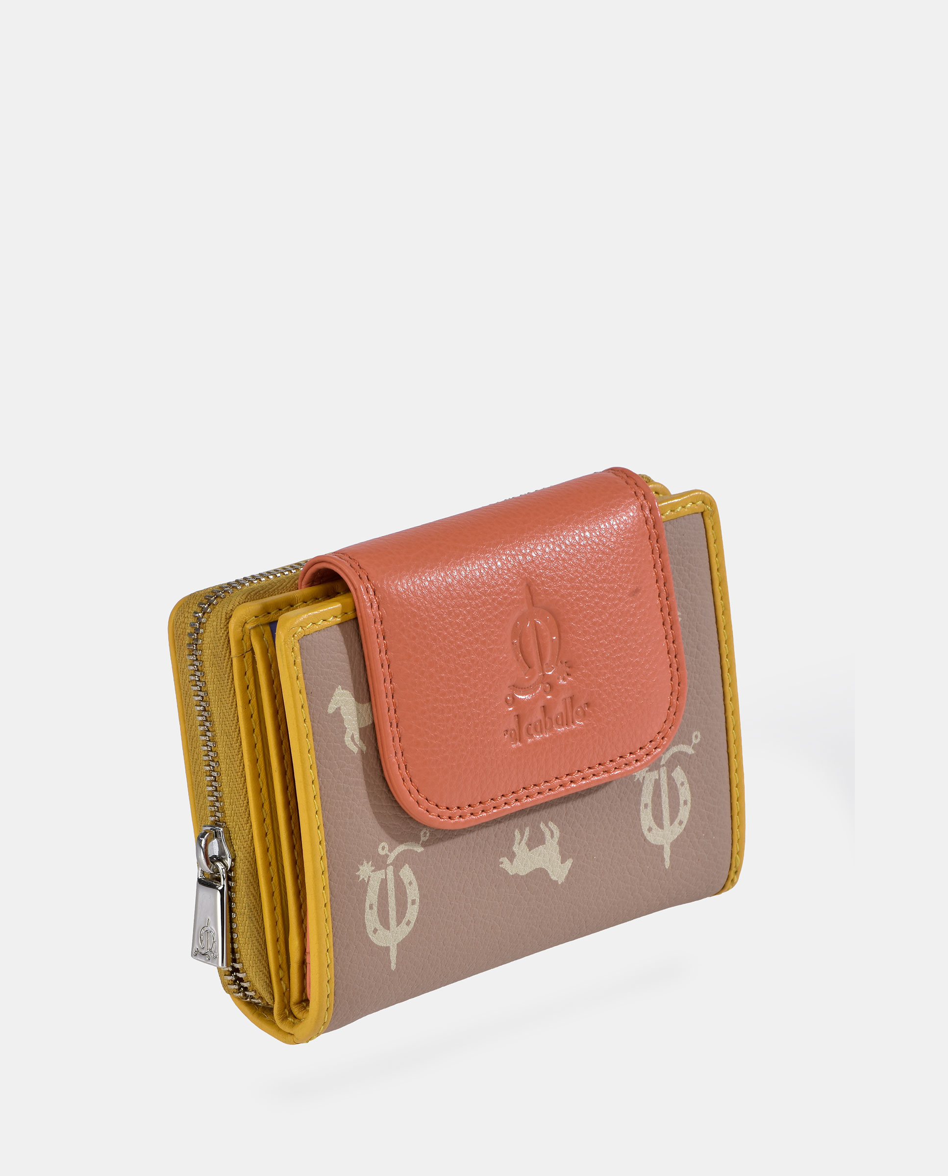 Porta-Moedas com Secção para Notas Pequeno com Fecho de Correr em Pele e Lona Castanho caramelo-2