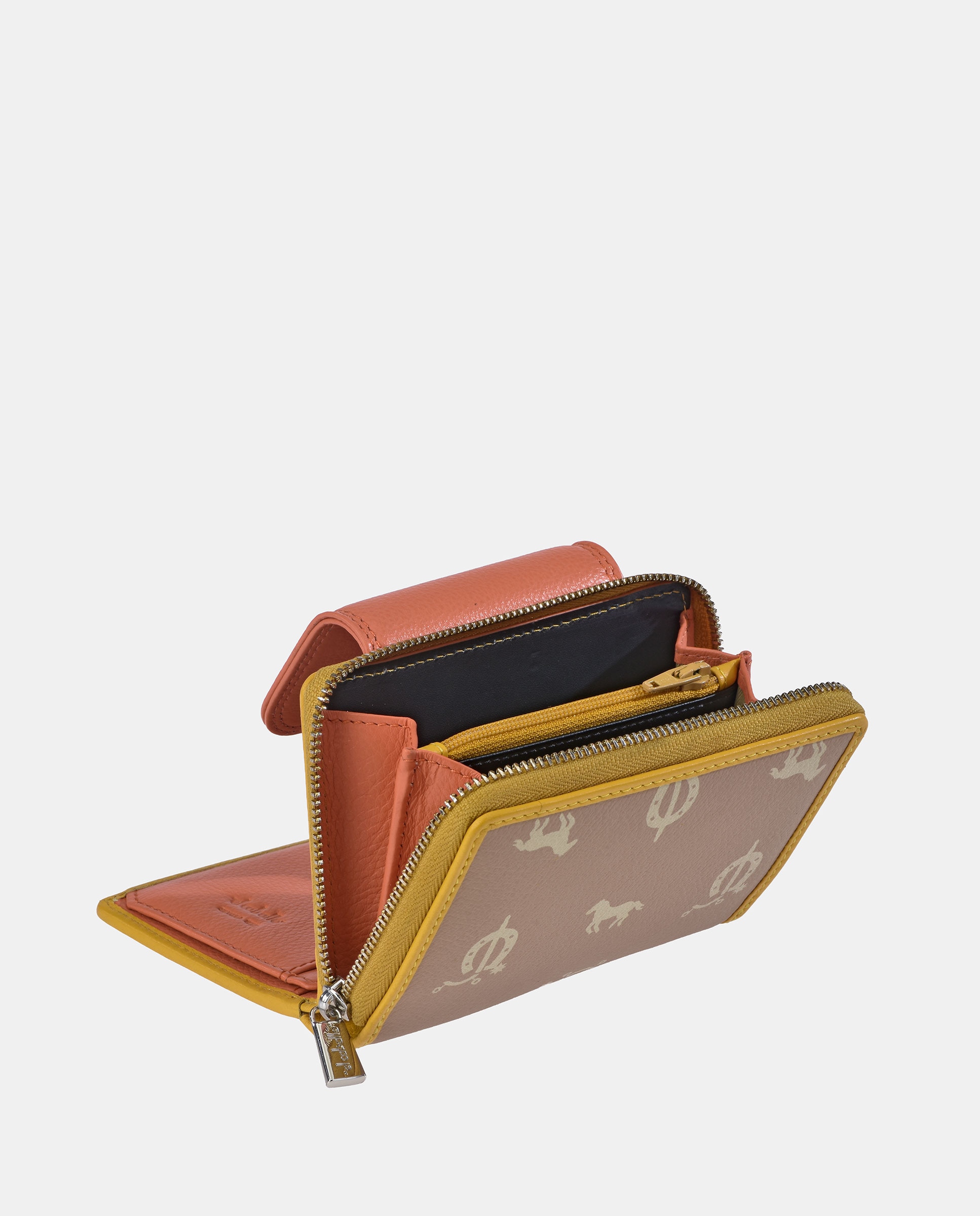 Porta-Moedas com Secção para Notas Pequeno com Fecho de Correr em Pele e Lona Castanho caramelo-3