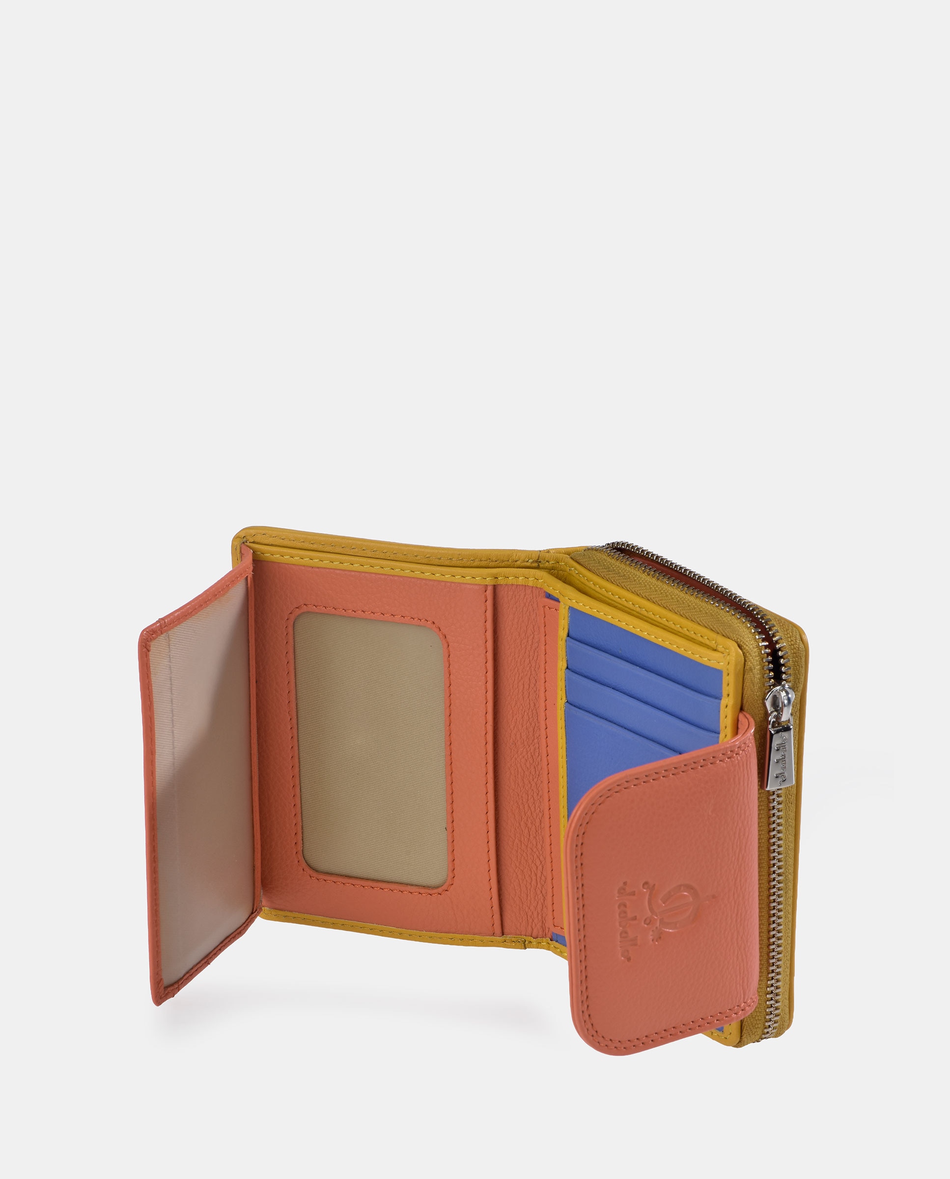 Porta-Moedas com Secção para Notas Pequeno com Fecho de Correr em Pele e Lona Castanho caramelo-4