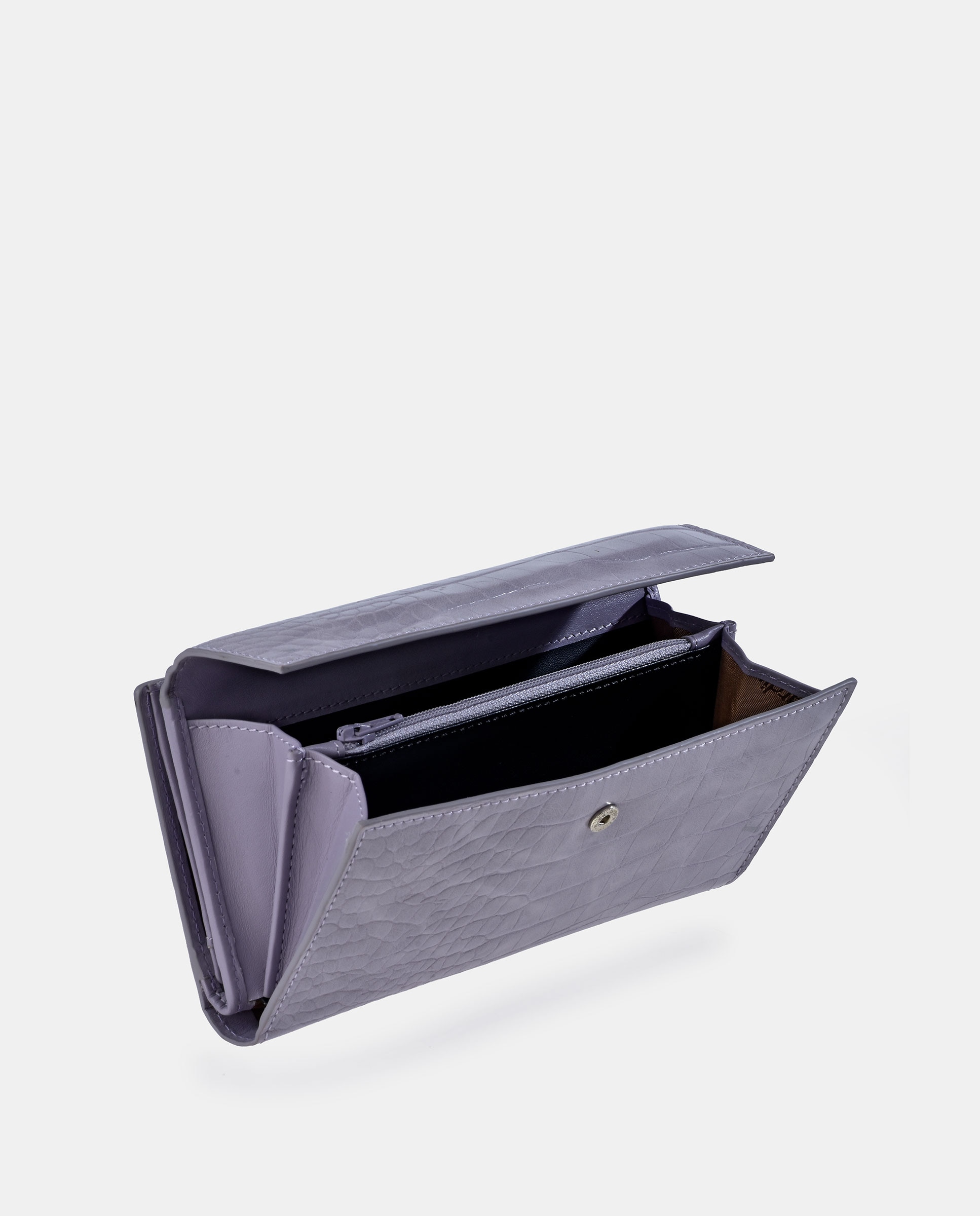 Porta-Moedas Grande em Pele e PU com Secção para Notas e Aba Lilás-3