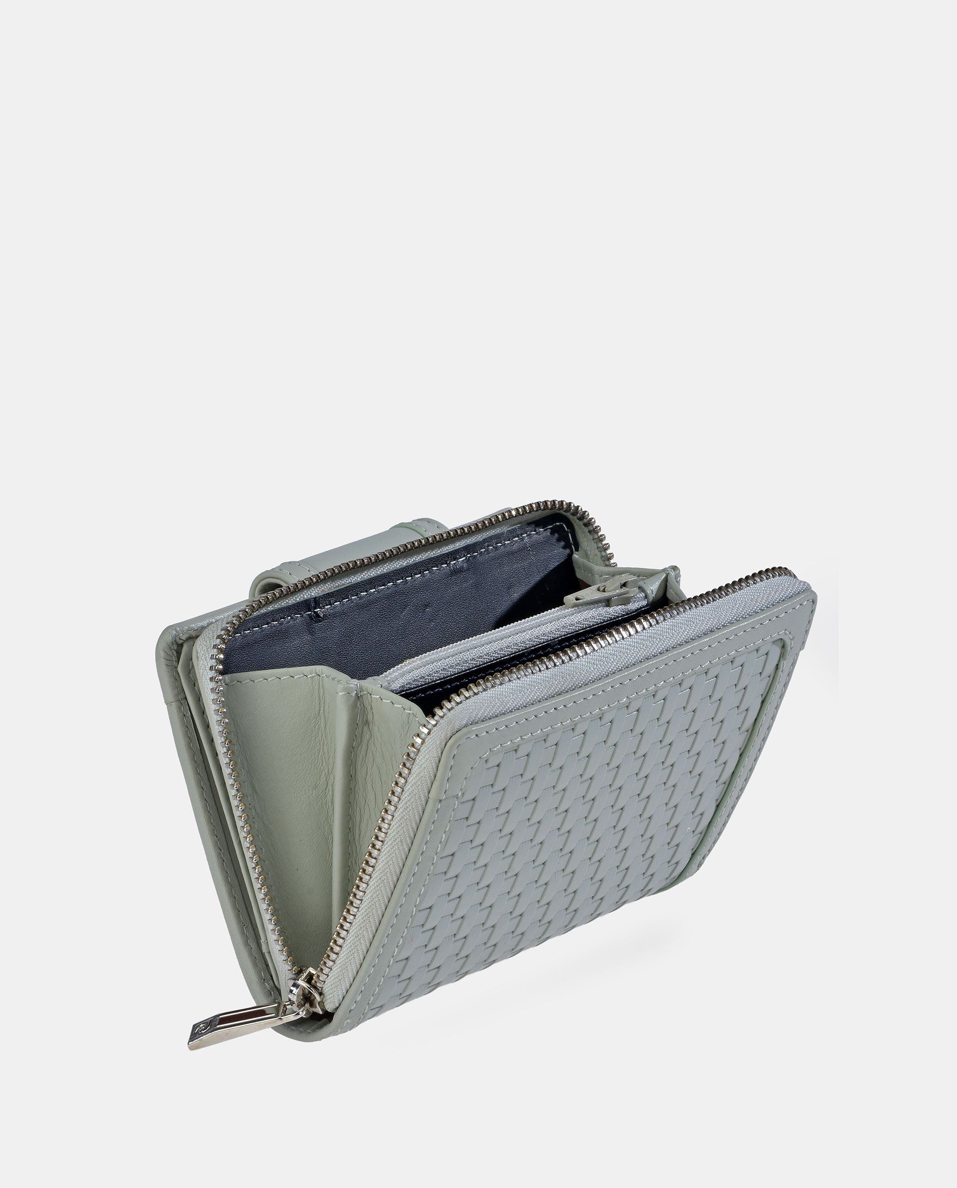 Porta-Moedas Pequeno em Pele Gravada com Secção para Notas Verde Água-2