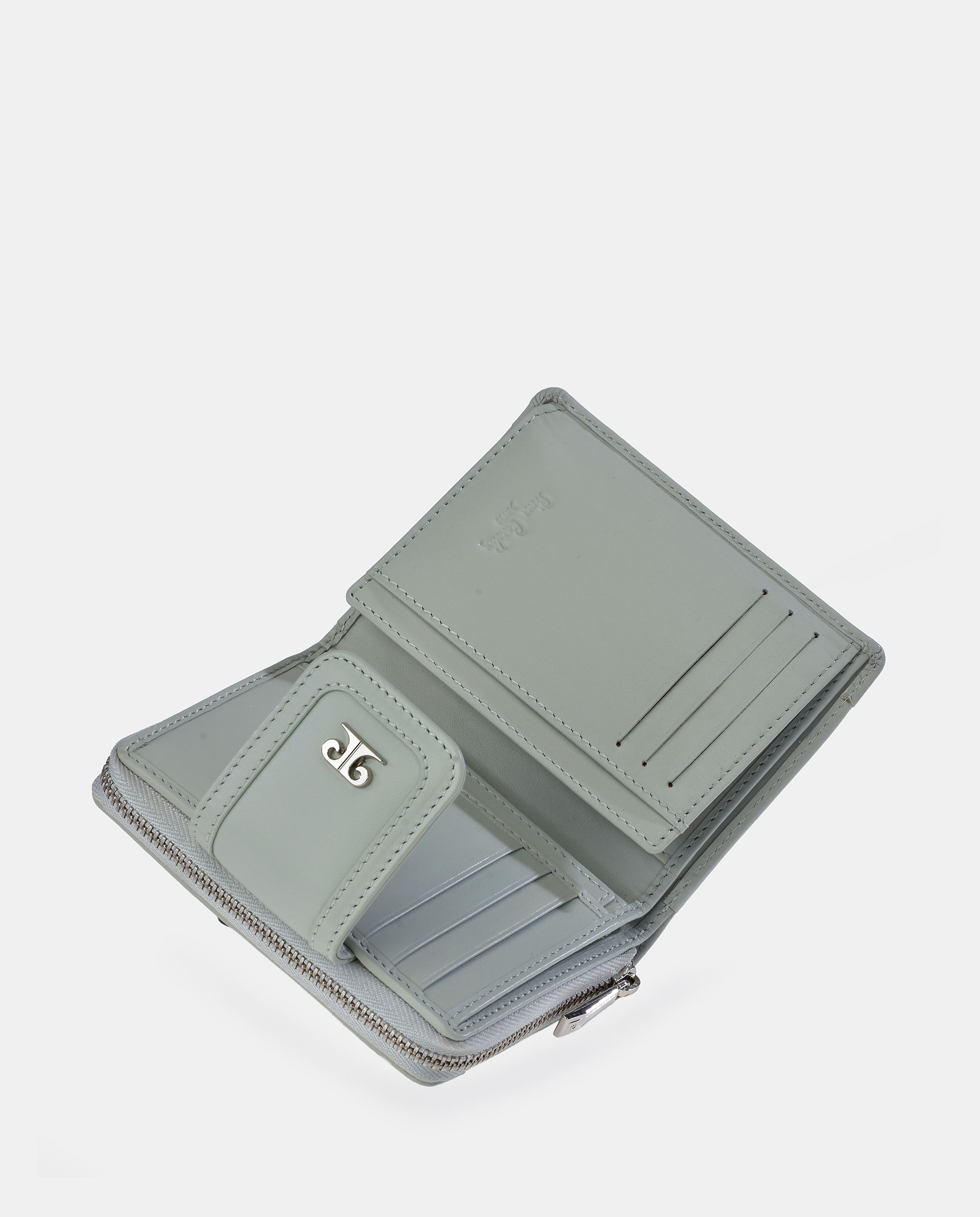 Porta-Moedas Pequeno em Pele Gravada com Secção para Notas Verde Água-5
