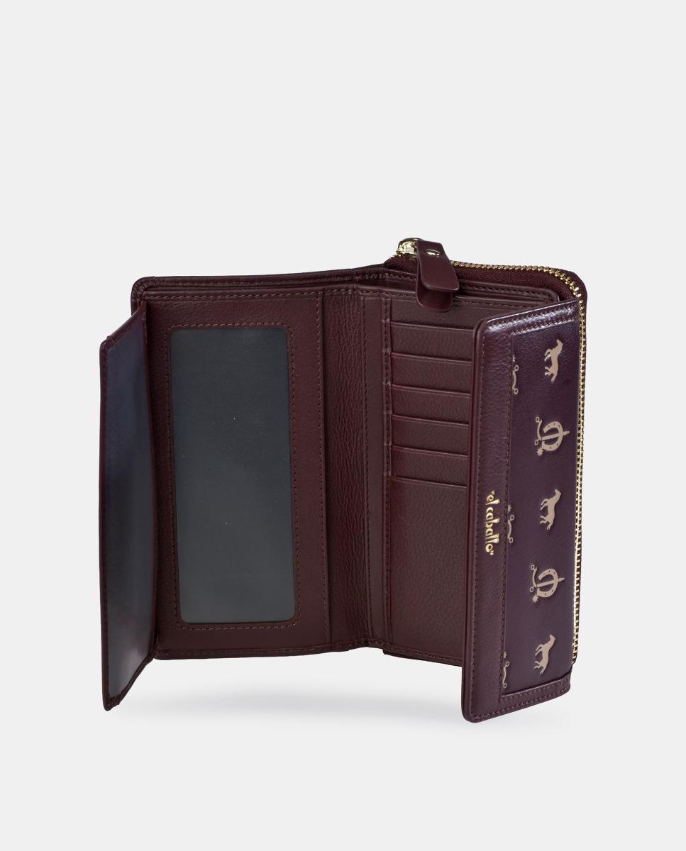 Porta-moedas e Porta-notas Grande com Aba em Pele Bovina e Lona Grená-5