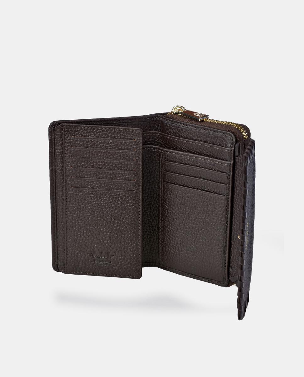 Porta-moedas e Porta-notas Grande Fabricado em Pele com Fecho de Correr Castanho-4
