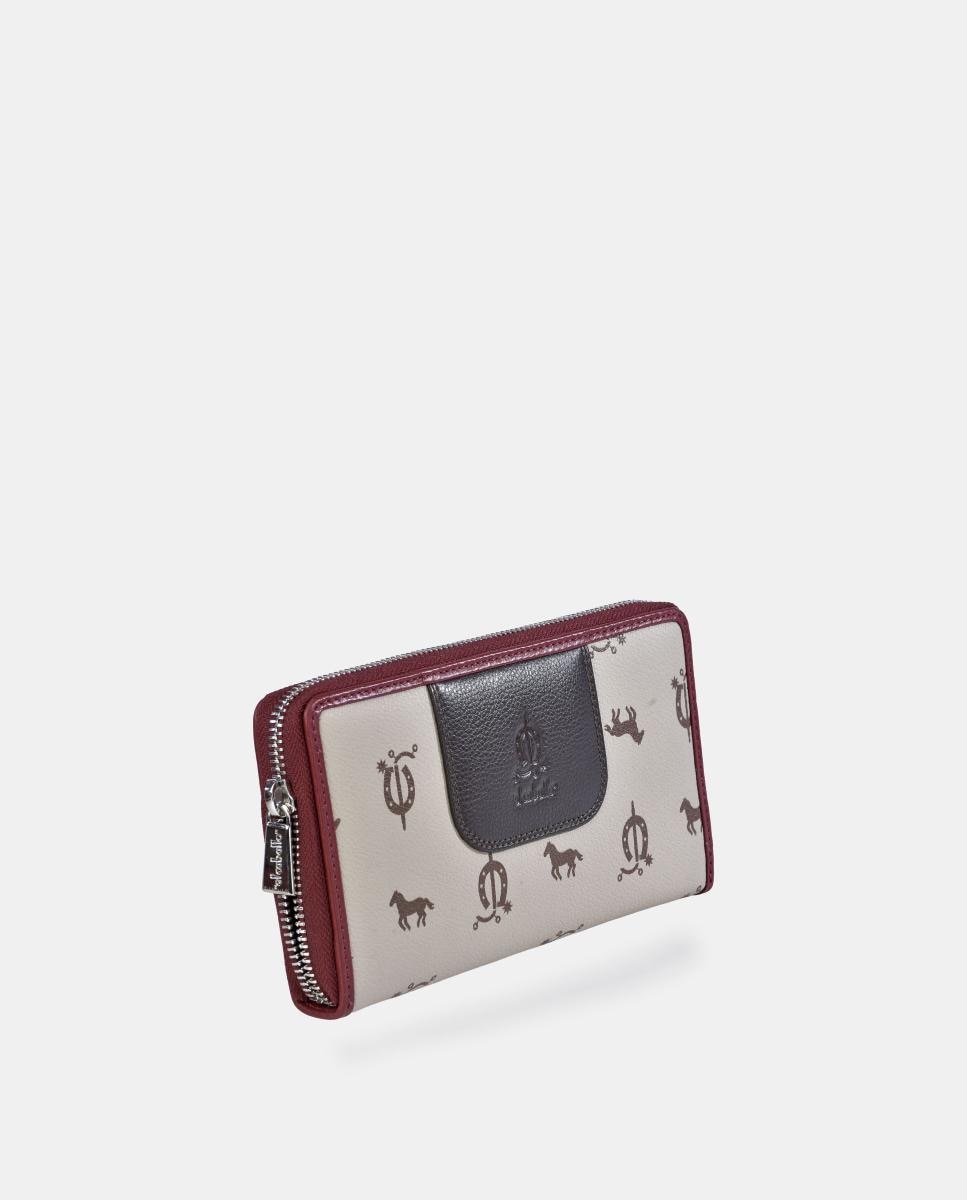 Porta-moedas e Porta-notas Grande com Fecho de Correr em Pele e Lona Castanho-2