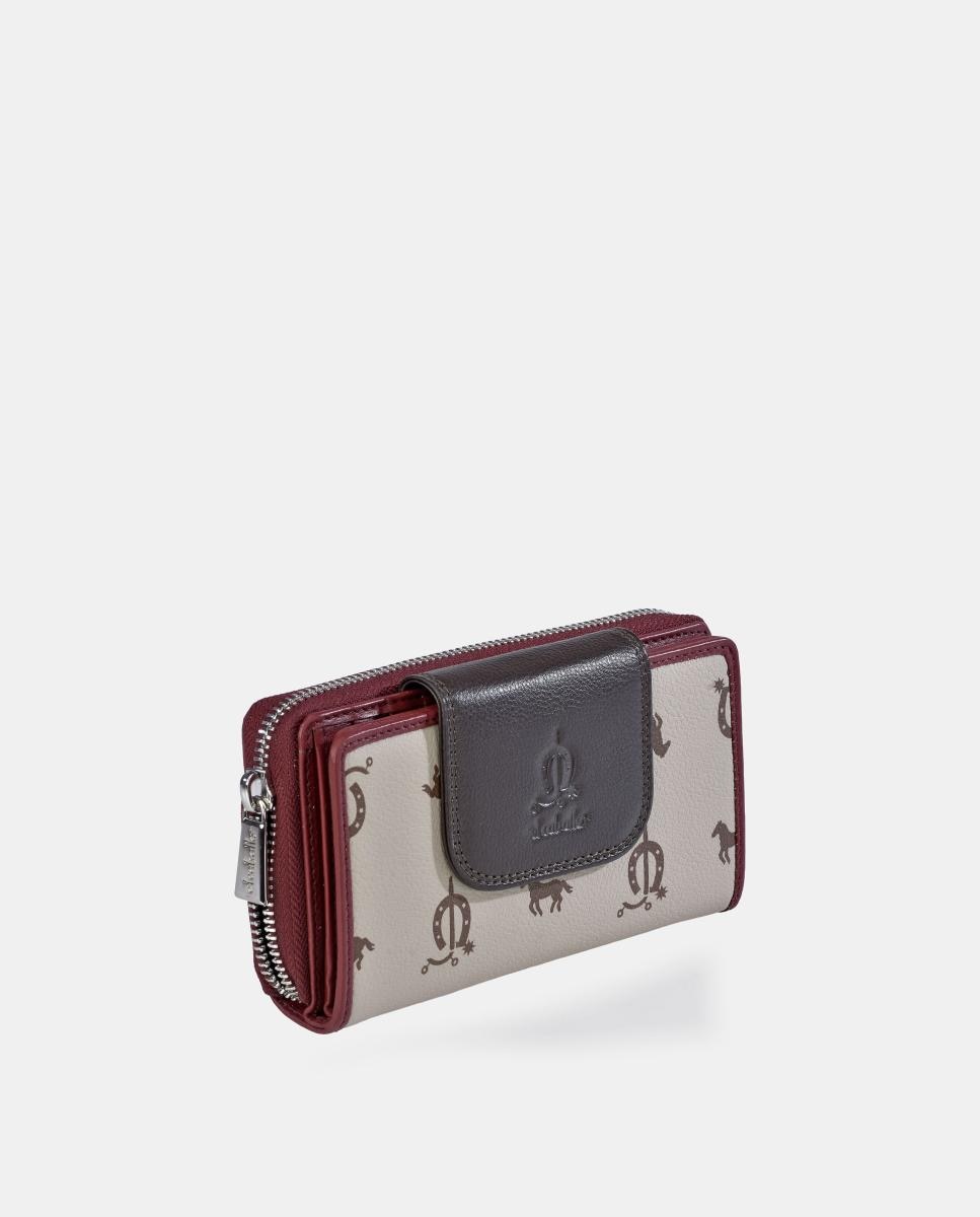 Porta-moedas e Porta-notas Médio com Fecho de Correr em Pele e Lona Castanho-2