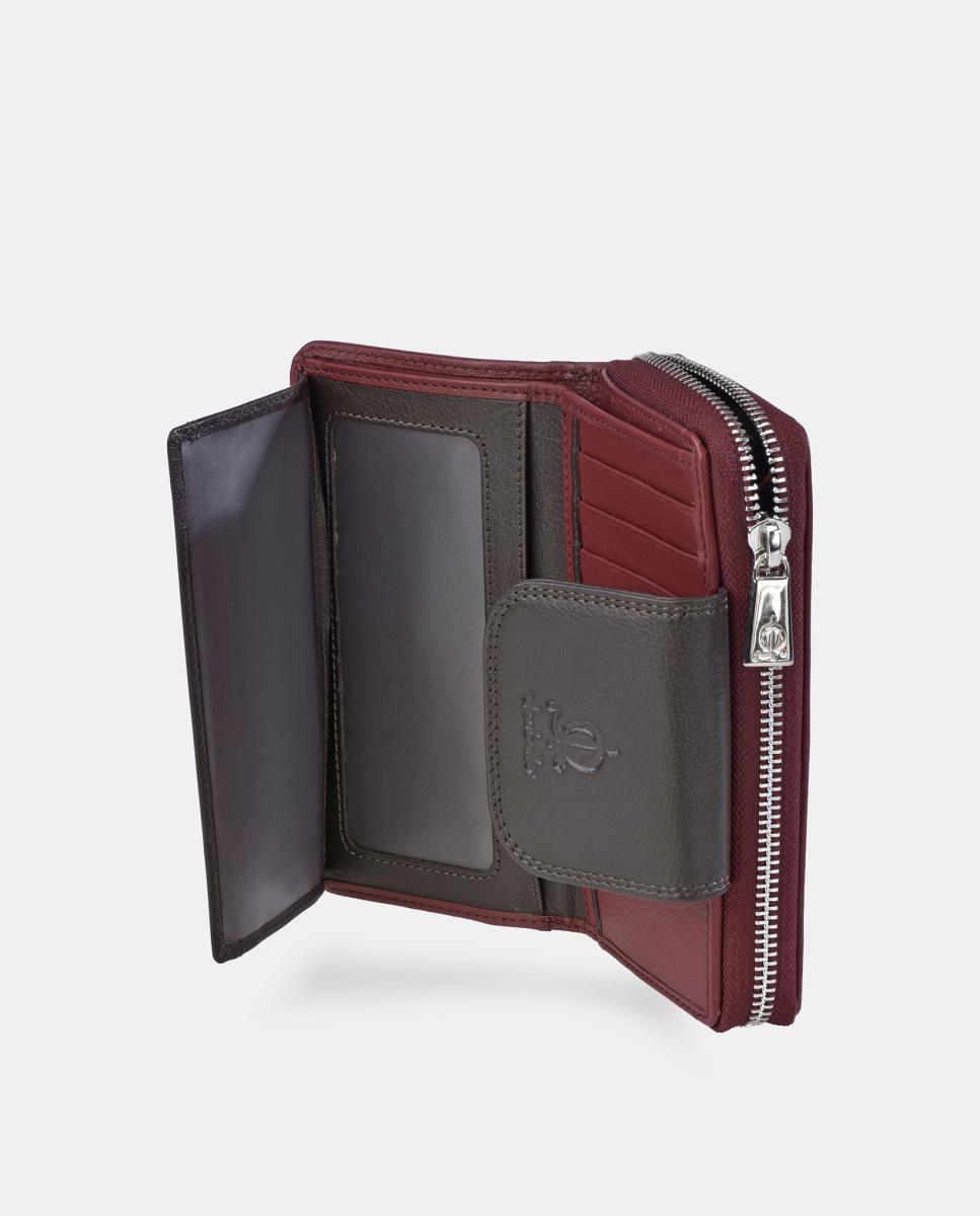 Porta-moedas e Porta-notas Médio com Fecho de Correr em Pele e Lona Castanho-4
