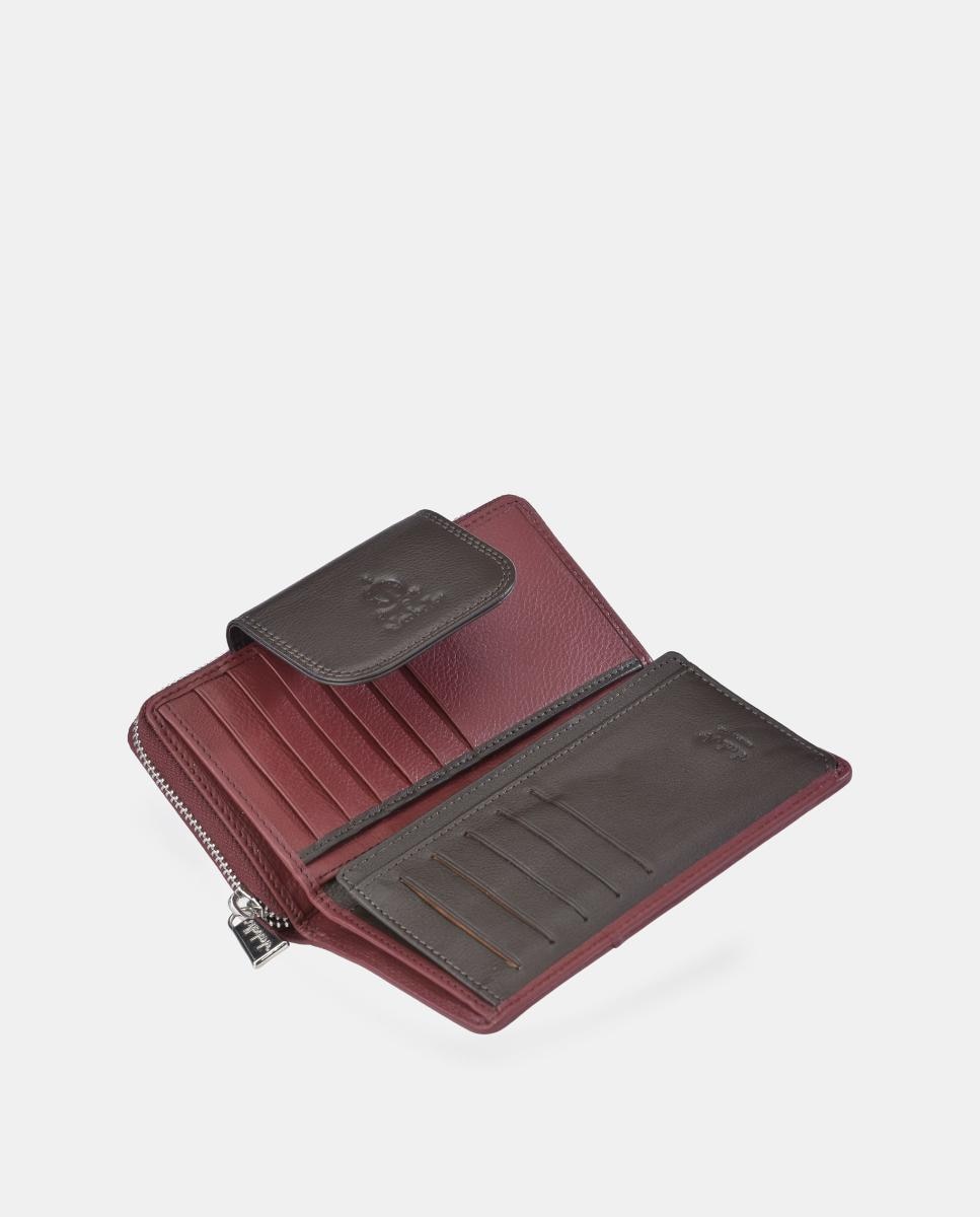 Porta-moedas e Porta-notas Médio com Fecho de Correr em Pele e Lona Castanho-5