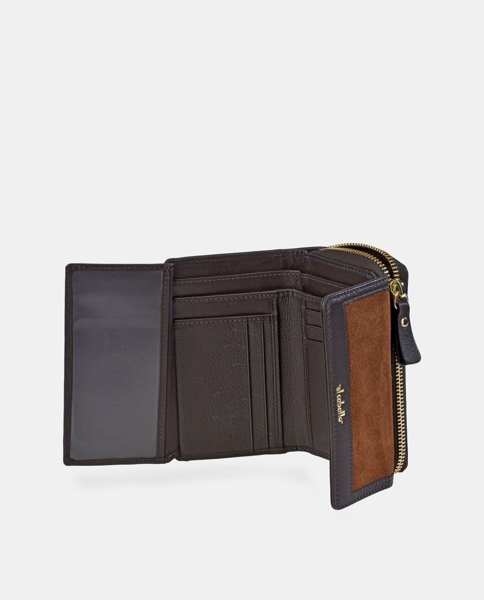 Porta-moedas e Porta-notas Médio com Aba em Croute Castanho-4