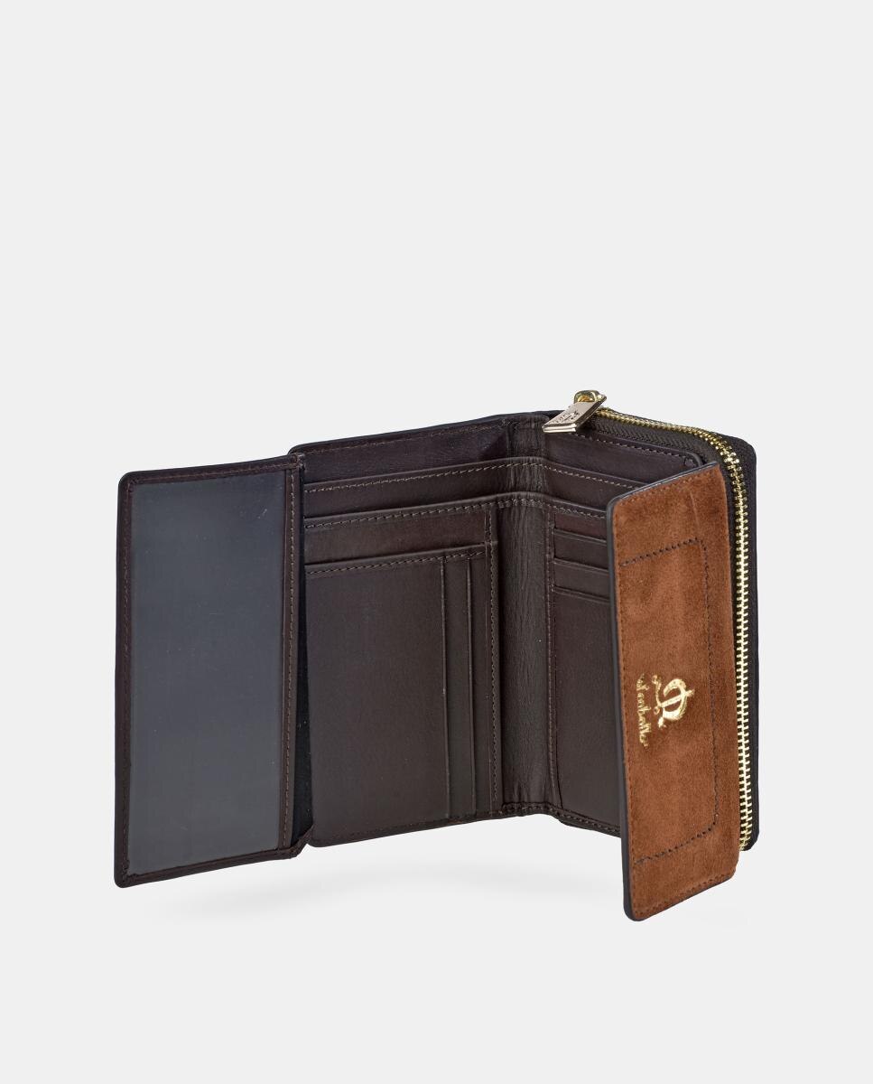Porta-moedas e Porta-notas com Aba em Croute Castanho-4