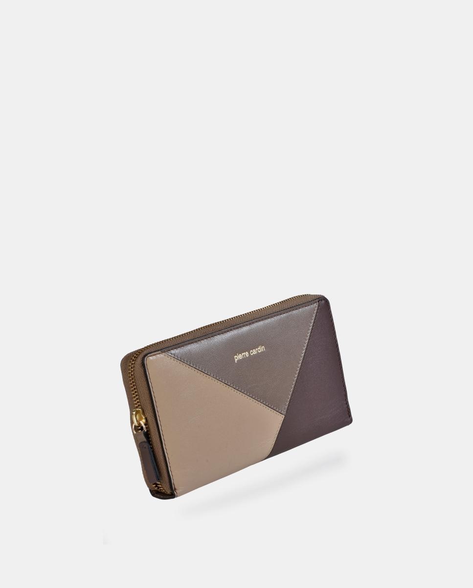 Porta-Moedas Grande em Pele Combinada com Patch e Fecho de Correr Taupe-2