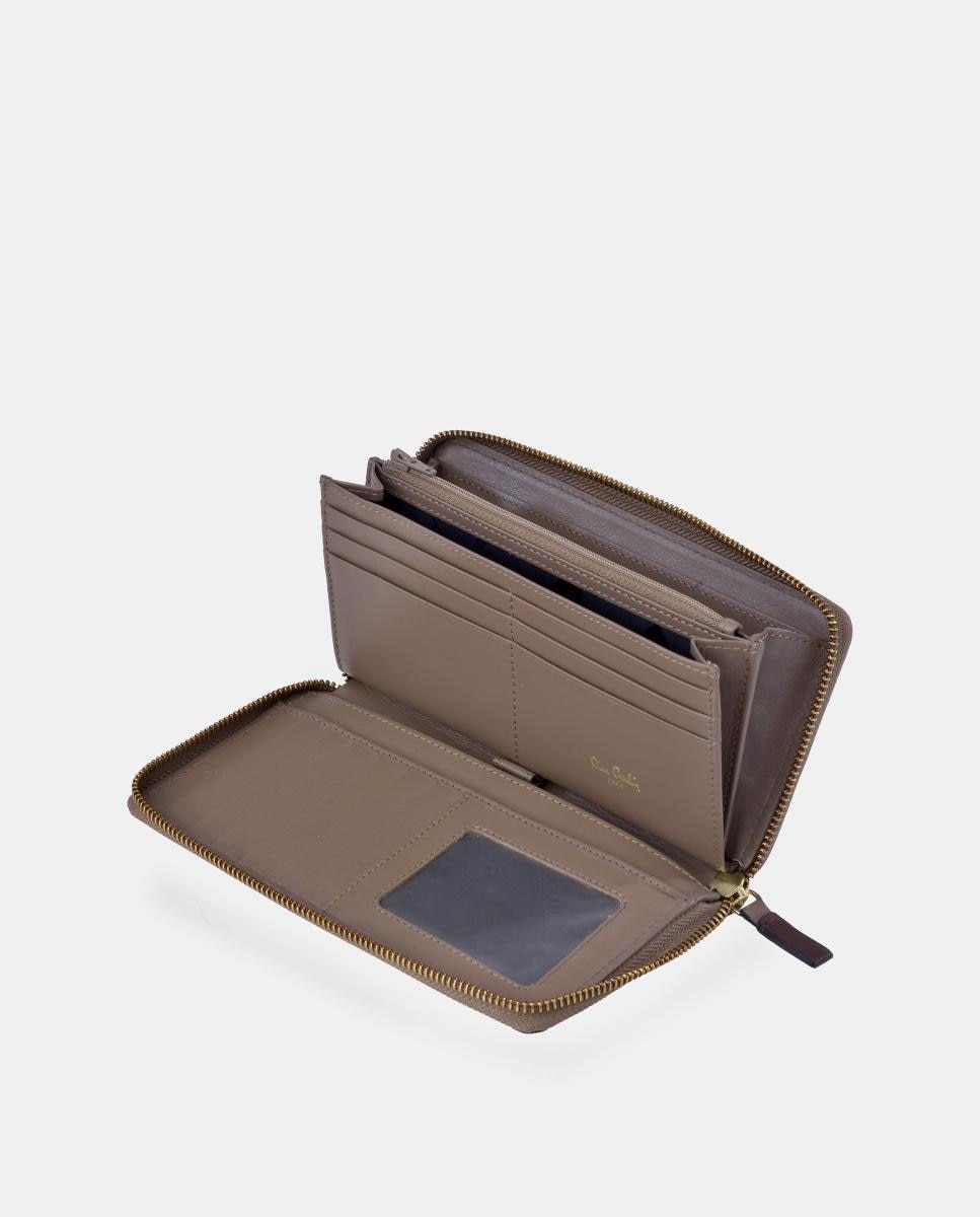 Porta-Moedas Grande em Pele Combinada com Patch e Fecho de Correr Taupe-3