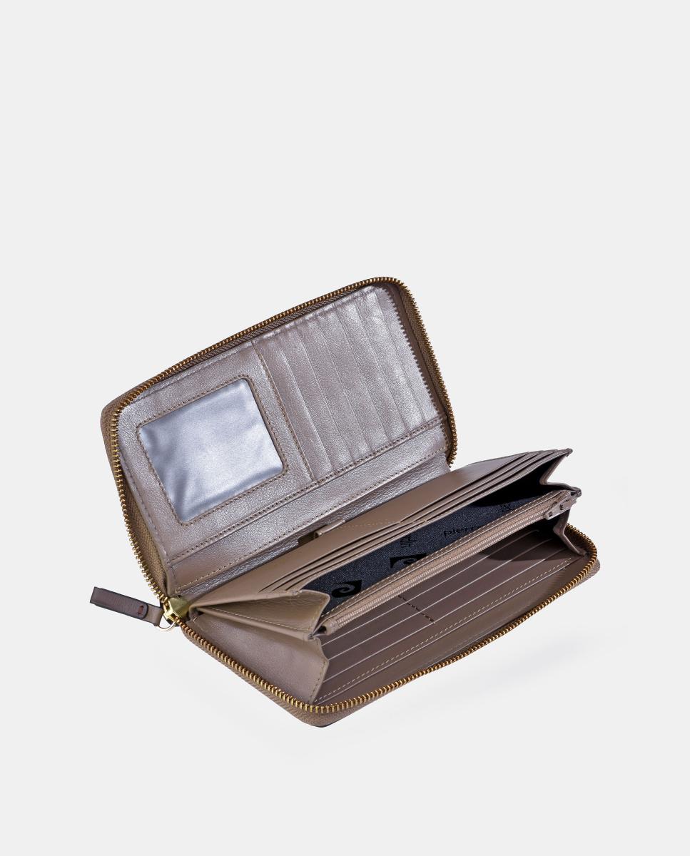 Porta-Moedas Grande em Pele Combinada com Patch e Fecho de Correr Taupe-4