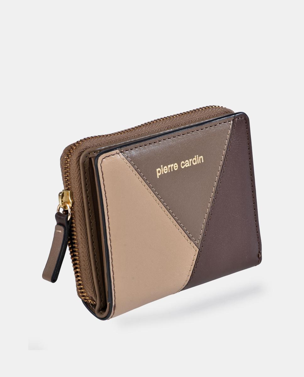 Porta-Moedas Mini em Pele Combinada com Patch e Fecho de Correr Taupe-2