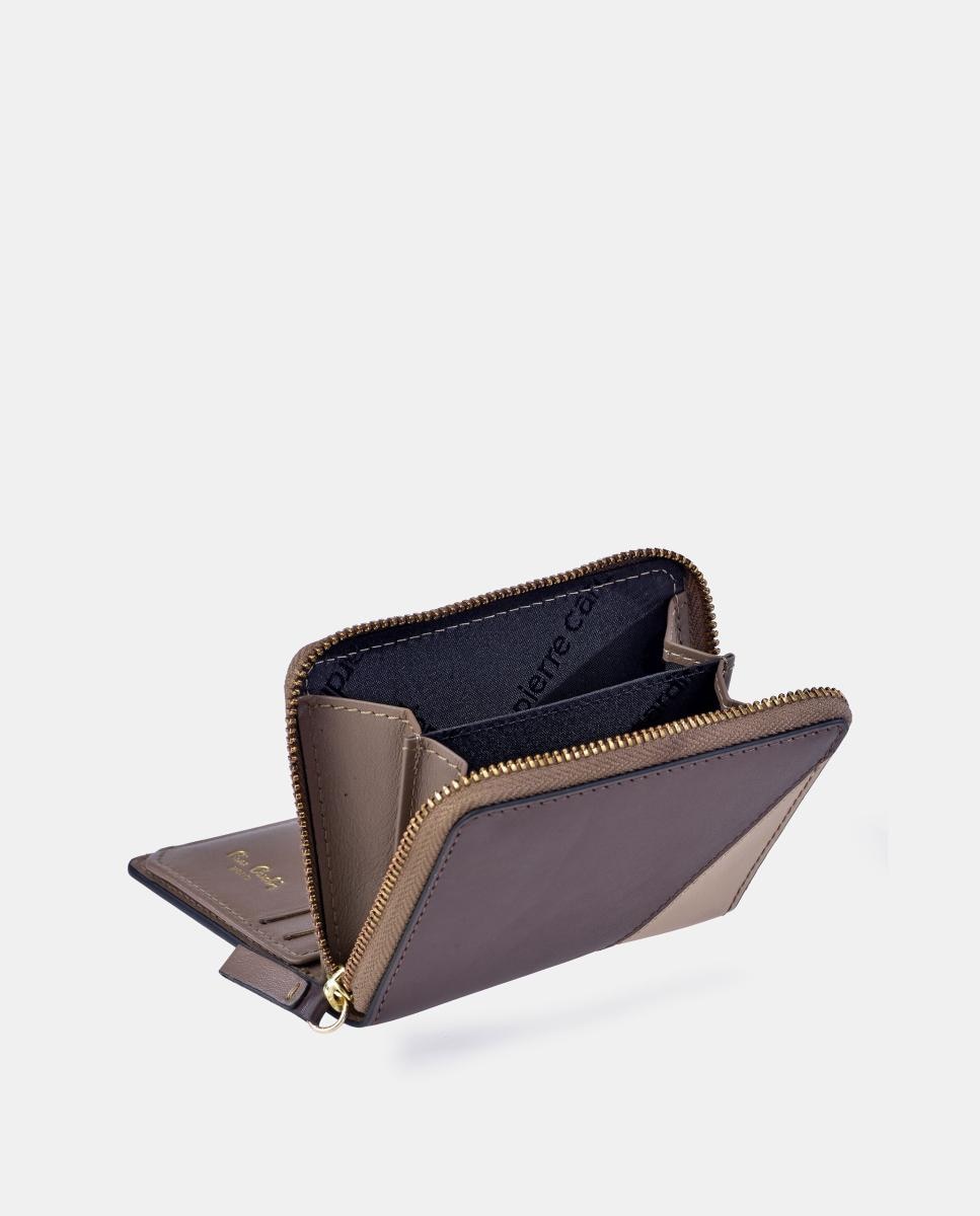 Porta-Moedas Mini em Pele Combinada com Patch e Fecho de Correr Taupe-3