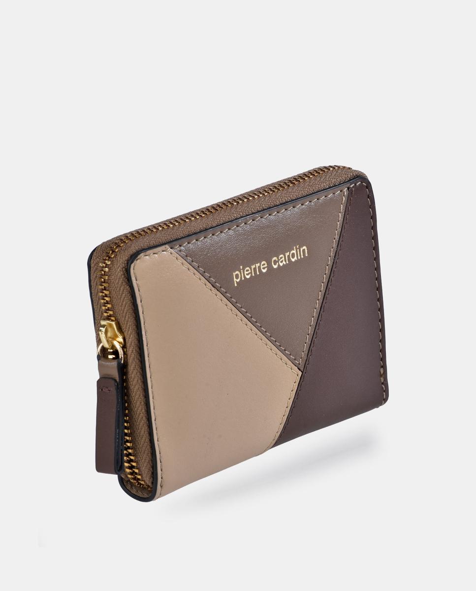 Porta-Moedas Porta-Cartões em Pele Combinada com Patch e Fecho de Correr Taupe-2