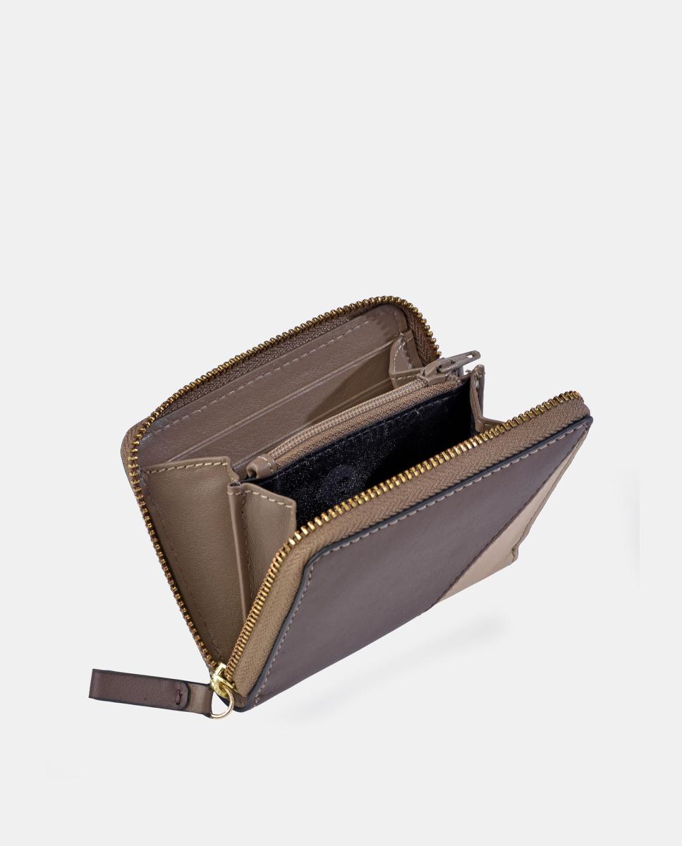 Porta-Moedas Porta-Cartões em Pele Combinada com Patch e Fecho de Correr Taupe-3