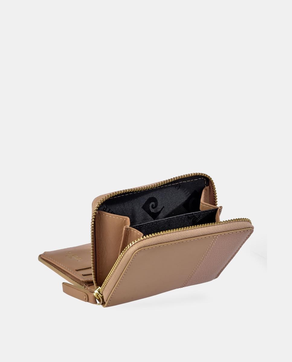 Porta-Moedas Pequeno em Pele Combinada com Fecho de Correr e Secção para Notas Castanho caramelo-3