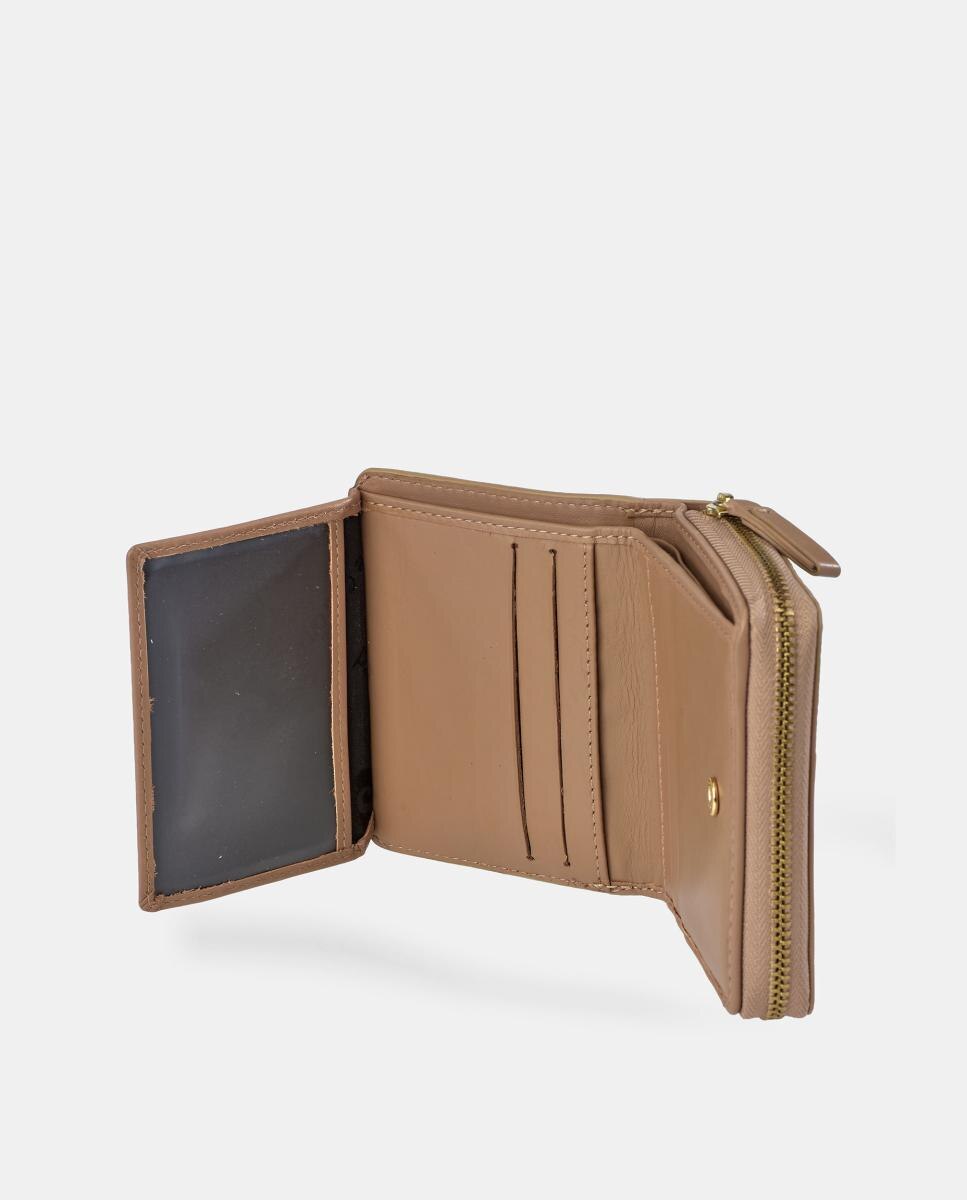 Porta-Moedas Pequeno em Pele Combinada com Fecho de Correr e Secção para Notas Castanho caramelo-5