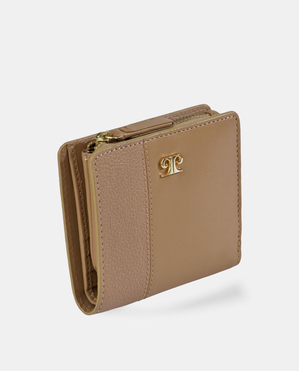 Porta-Moedas em Pele Combinada com Fecho de Correr e Secção para Notas Castanho caramelo-2