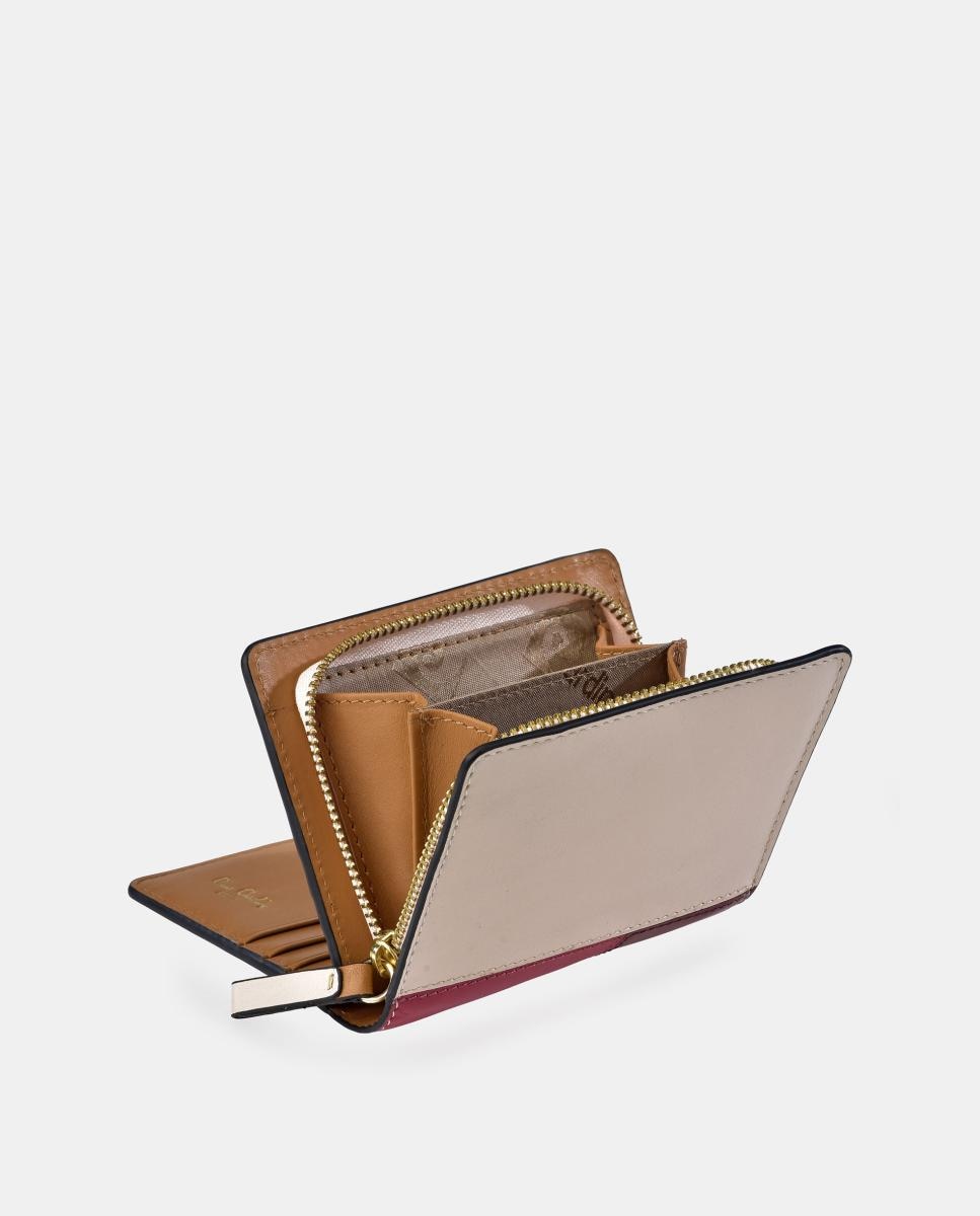 Porta-Moedas Compacto em Pele Patch com Fecho de Correr e Secção para Notas Castanho-claro-3